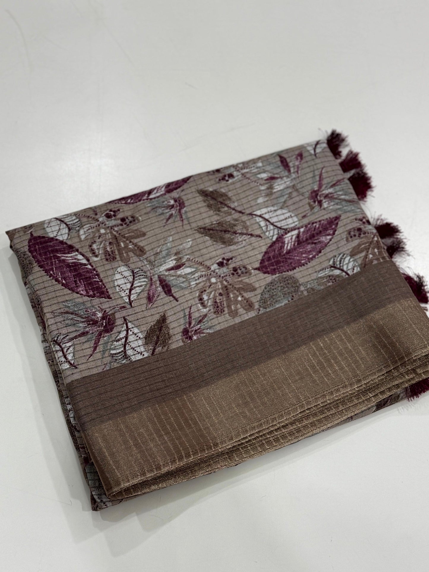 Taupe Tussar Chex Floral Print Saree by My Store