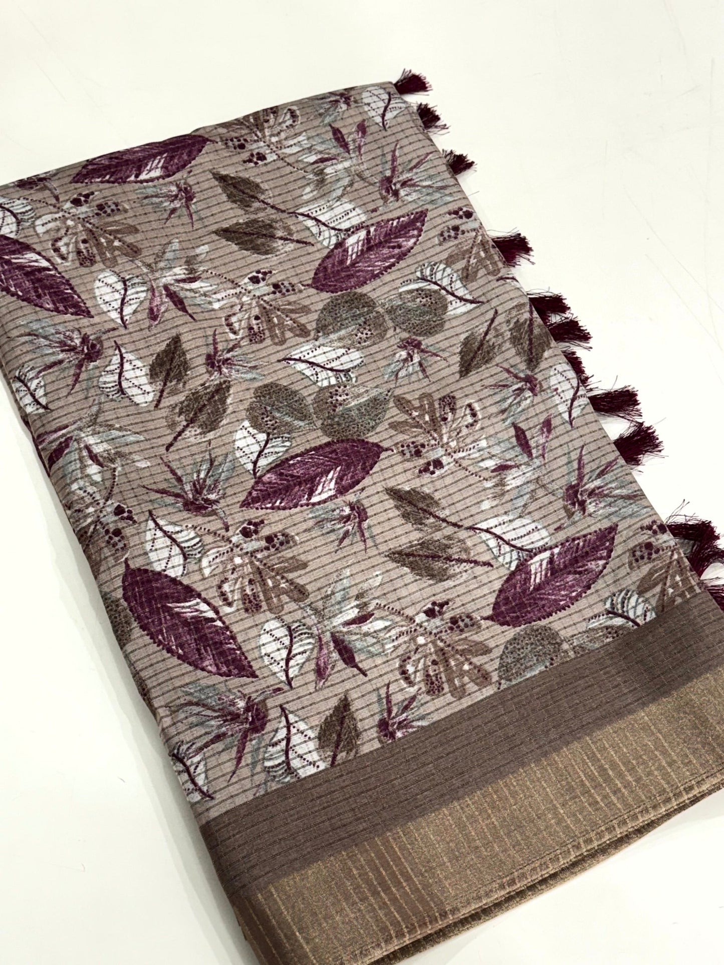 Taupe Tussar Chex Floral Print Saree by My Store