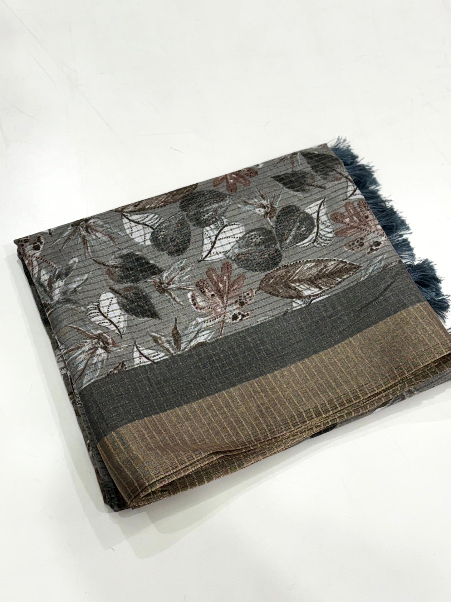 Grey Tussar Chex Floral Print Saree by My Store