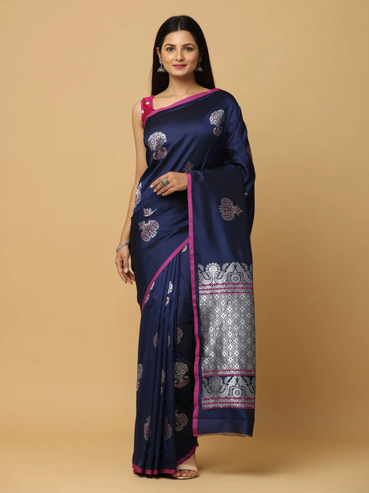 Navy Blue Colour Banarasi Soft Silk Kanchi Zari Weaving Saree by My Store