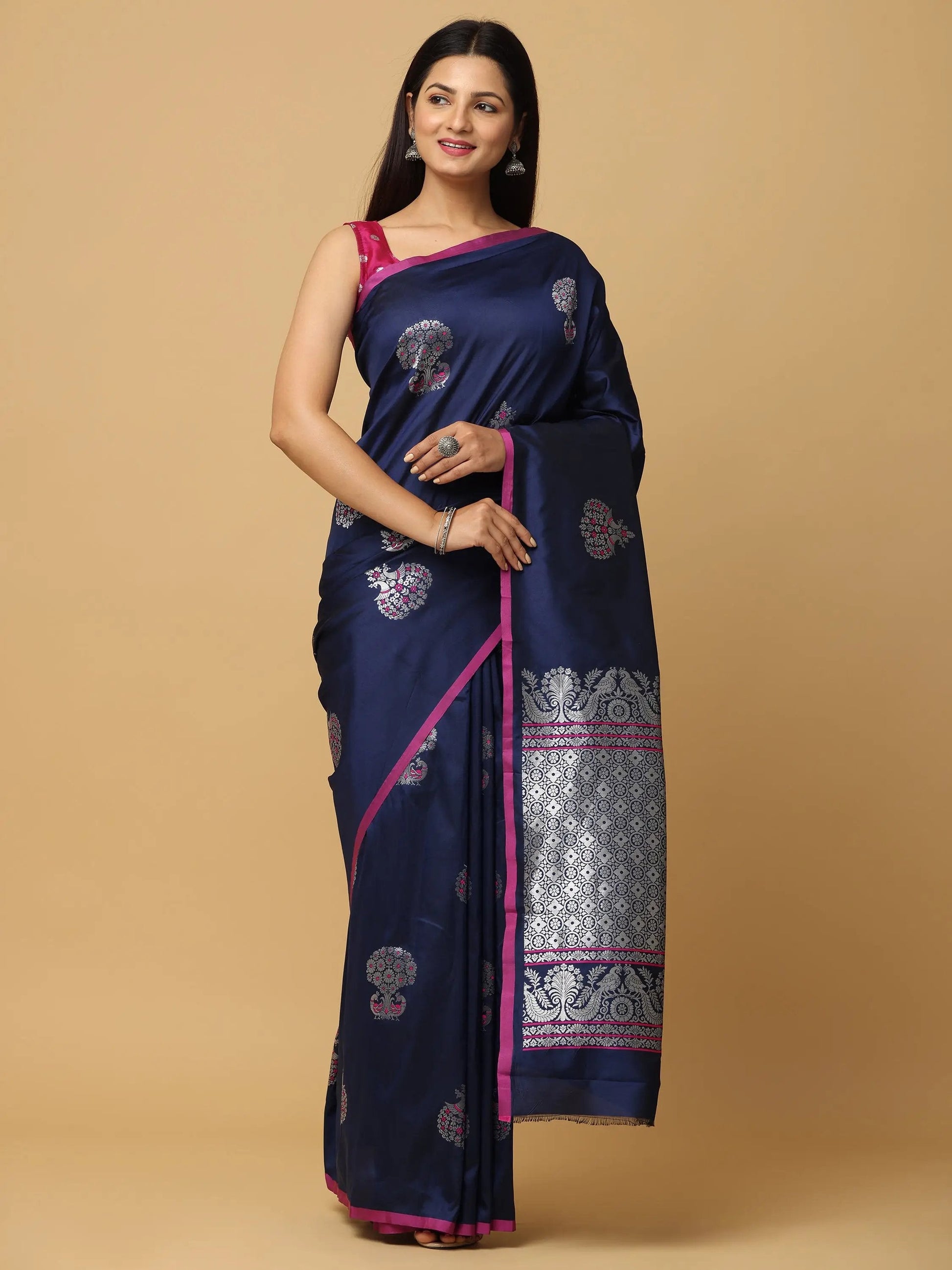 Navy Blue Colour Banarasi Soft Silk Kanchi Zari Weaving Saree by My Store