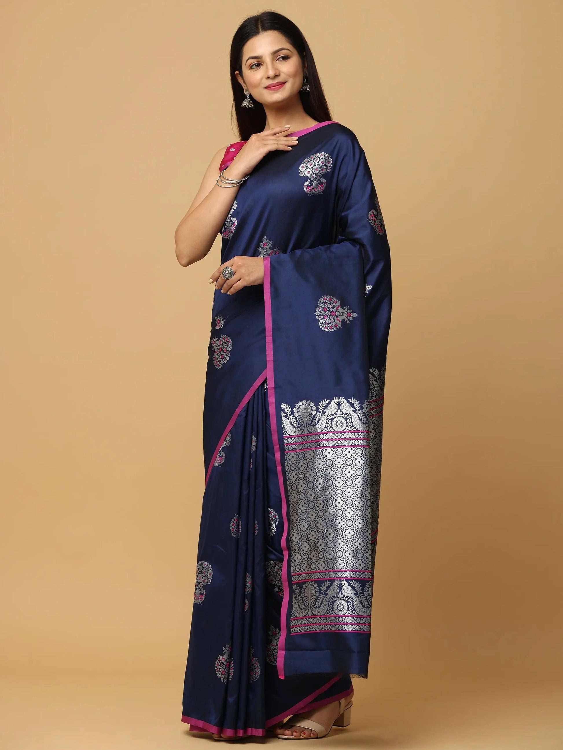 Navy Blue Colour Banarasi Soft Silk Kanchi Zari Weaving Saree by My Store