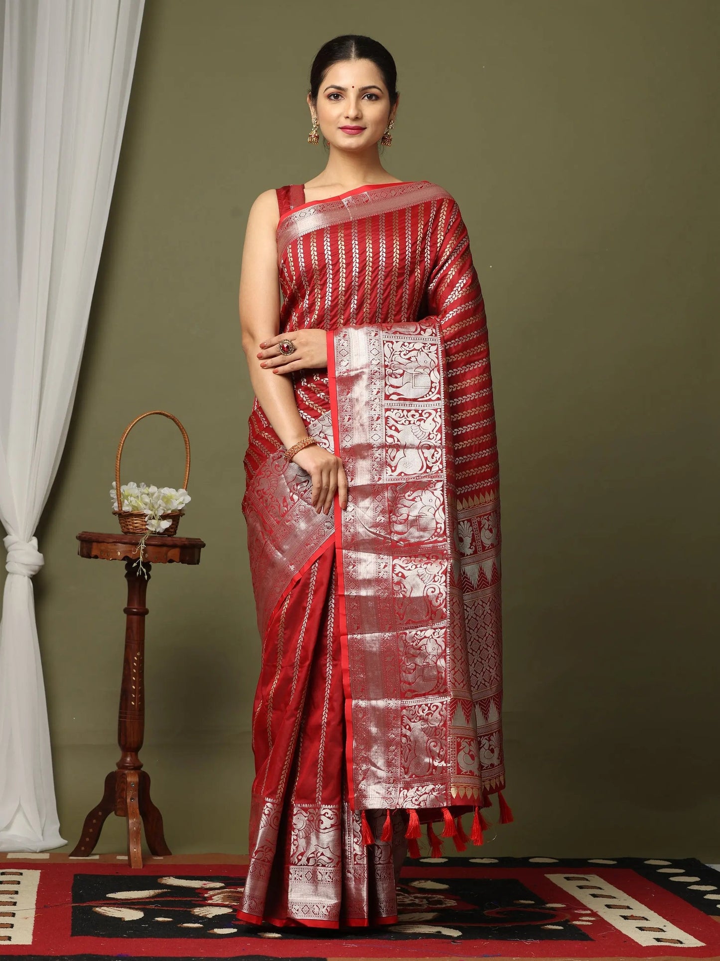 Striped Woven Design Zari Silk Blend Kanjivaram Saree by My Store