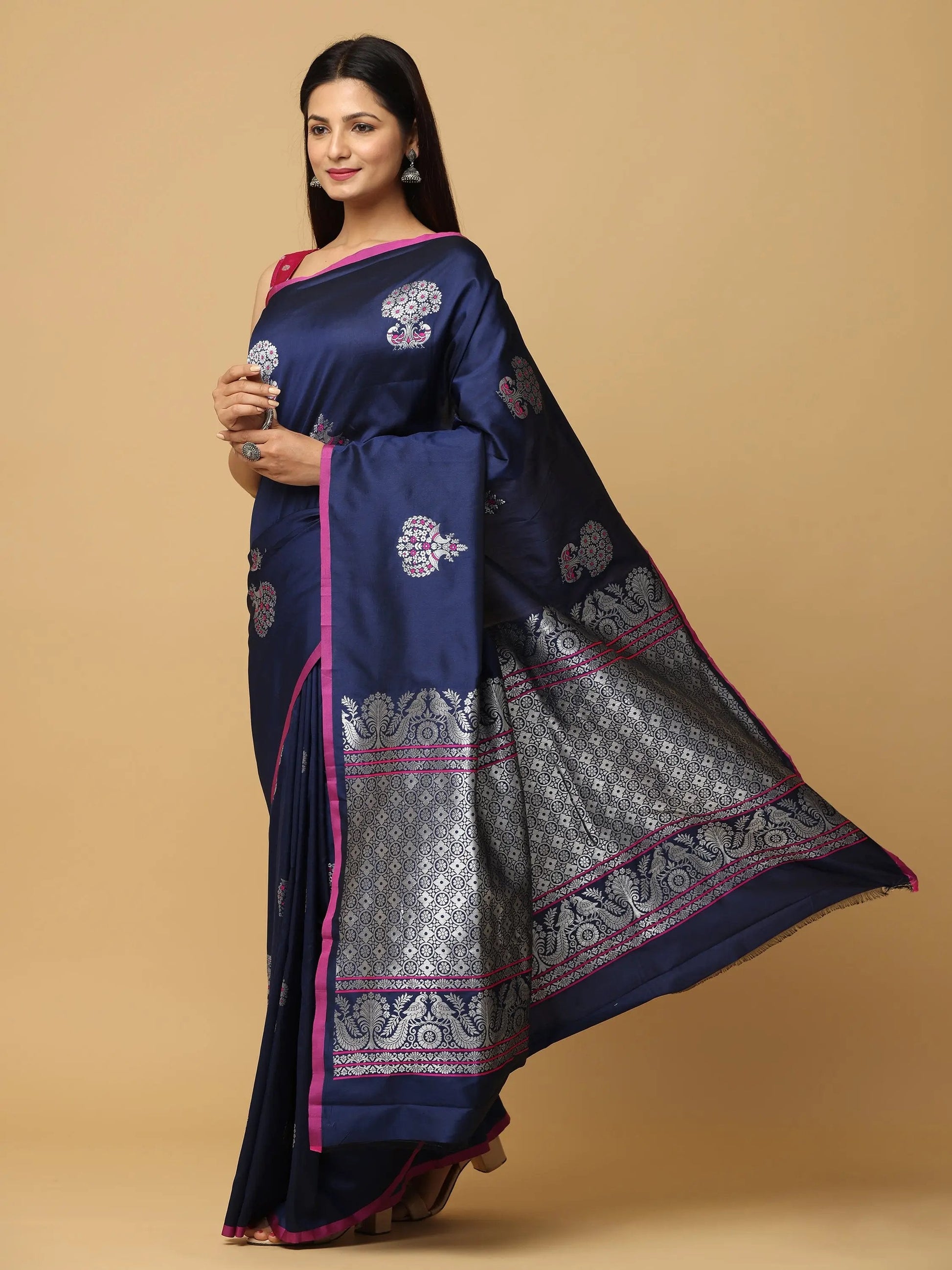 Navy Blue Colour Banarasi Soft Silk Kanchi Zari Weaving Saree by My Store