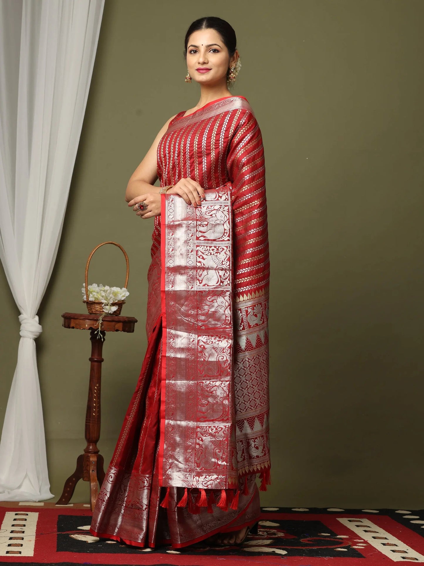 Striped Woven Design Zari Silk Blend Kanjivaram Saree by My Store