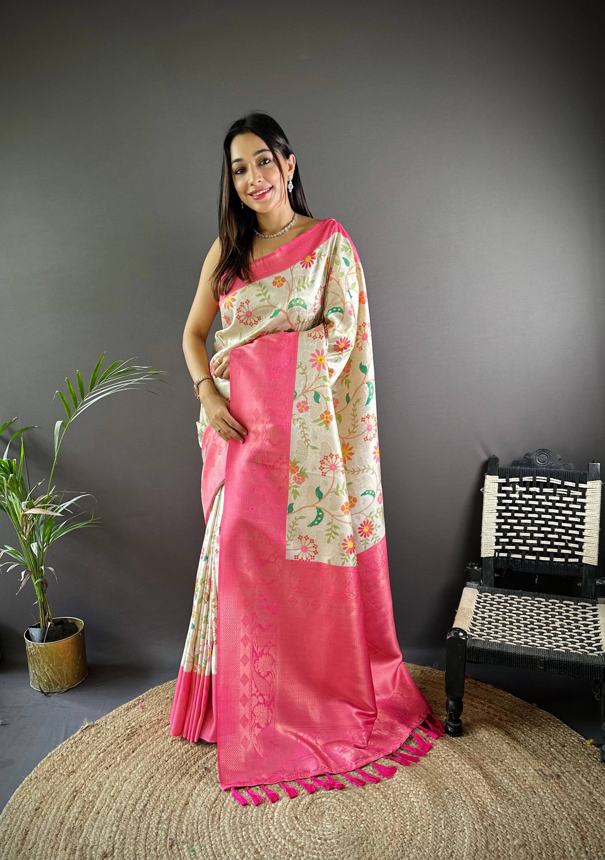 Pink Floral Soft Kanjivaram Silk Saree by My Store