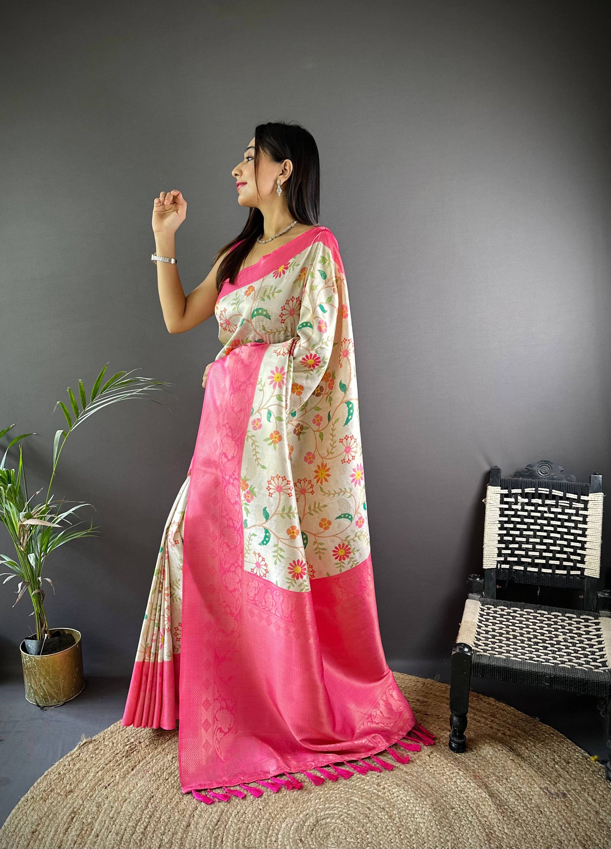 Pink Floral Soft Kanjivaram Silk Saree by My Store