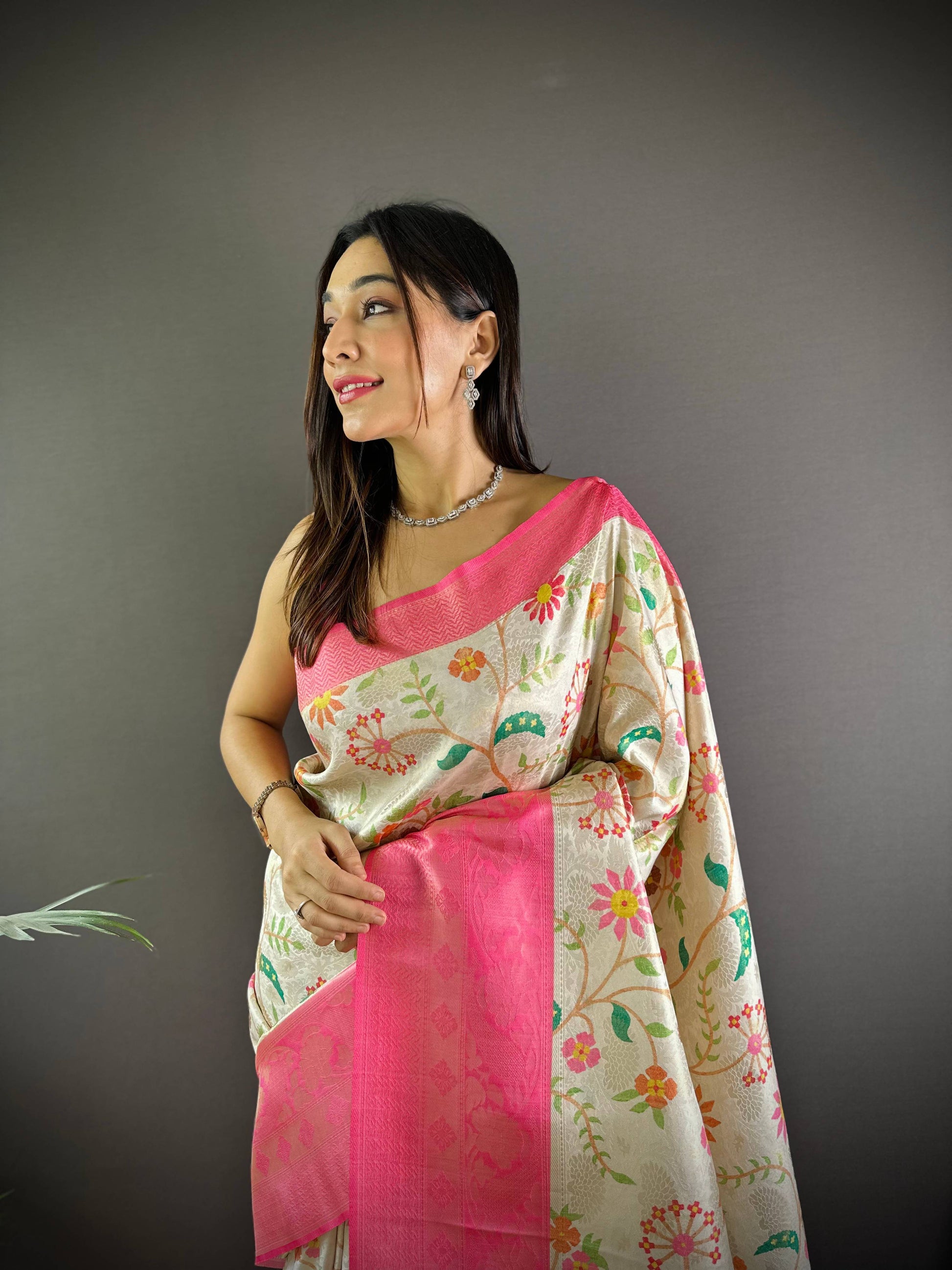 Pink Floral Soft Kanjivaram Silk Saree by My Store
