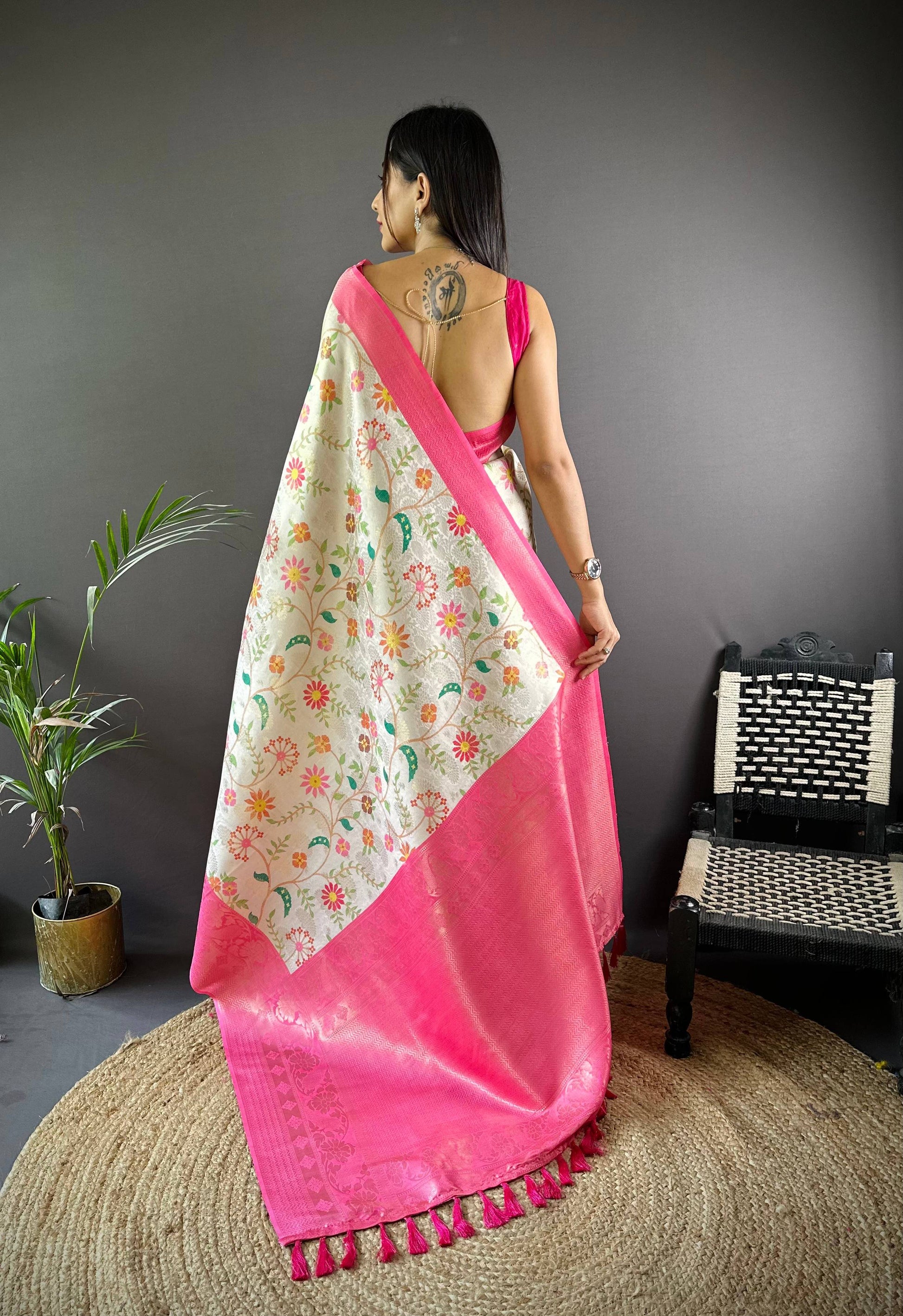 Pink Floral Soft Kanjivaram Silk Saree by My Store