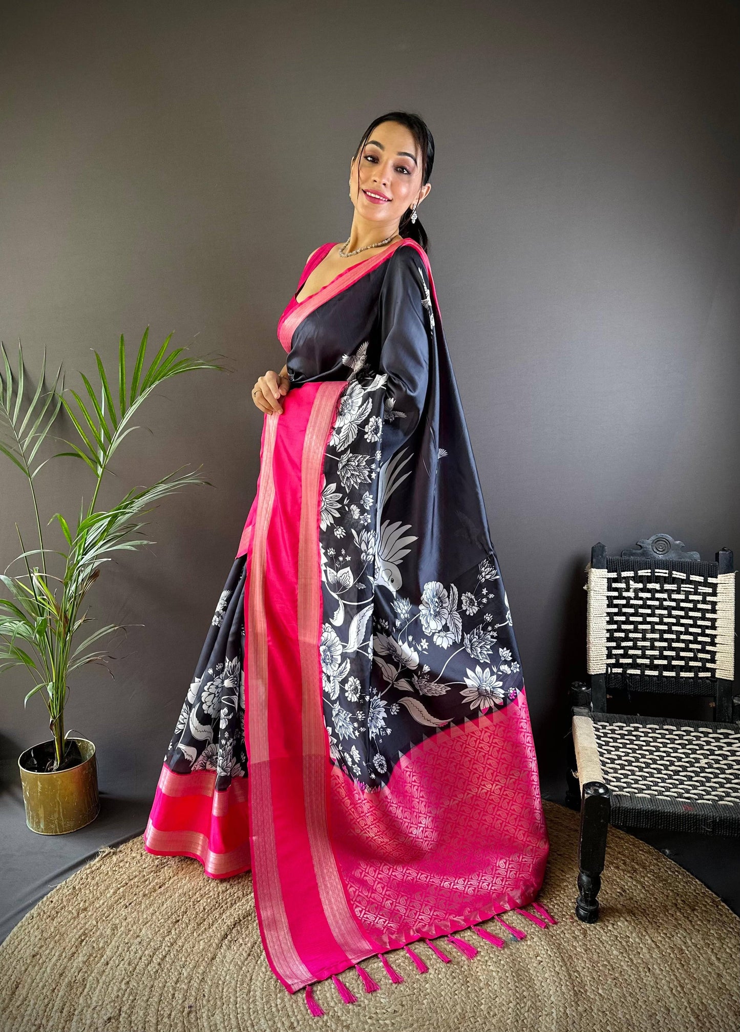 Black Blossom Kalmakari Soft Silk Saree