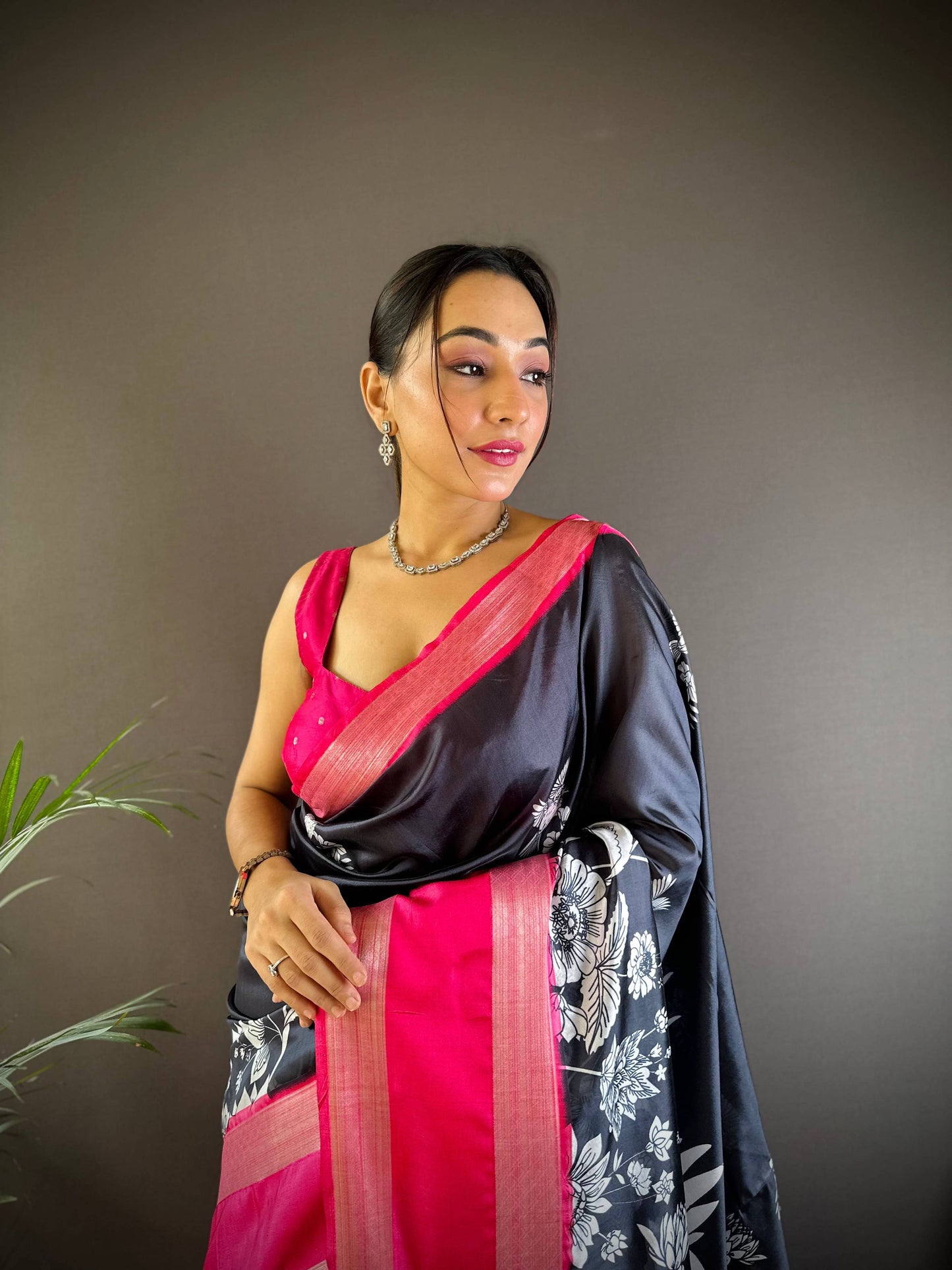 Black Blossom Kalmakari Soft Silk Saree