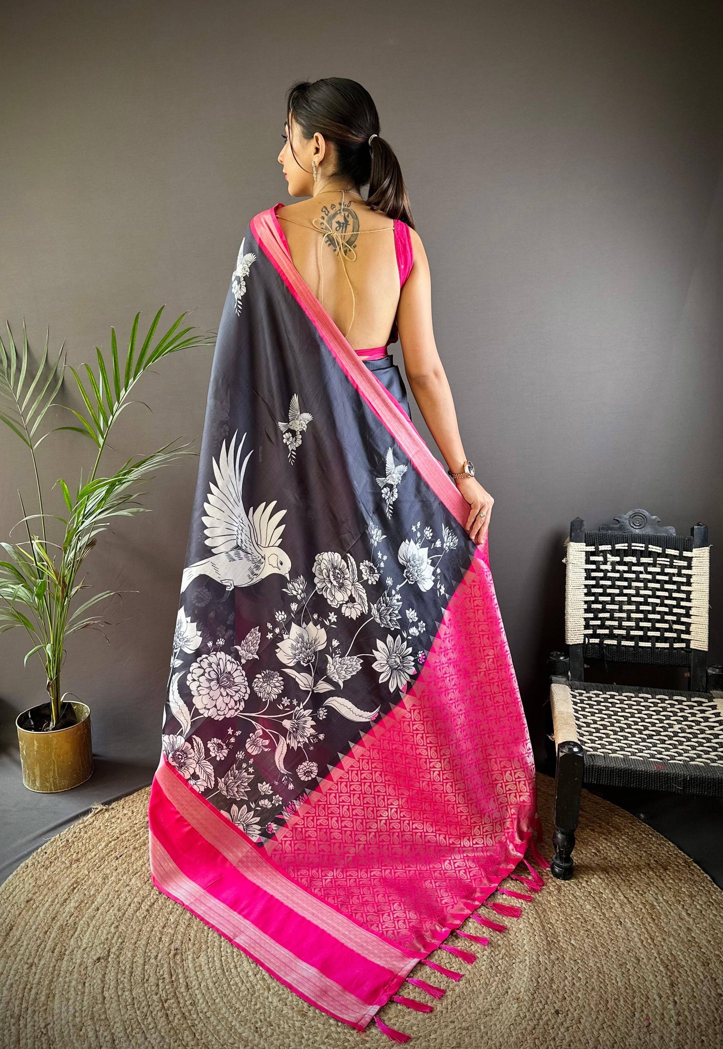 Black Blossom Kalmakari Soft Silk Saree