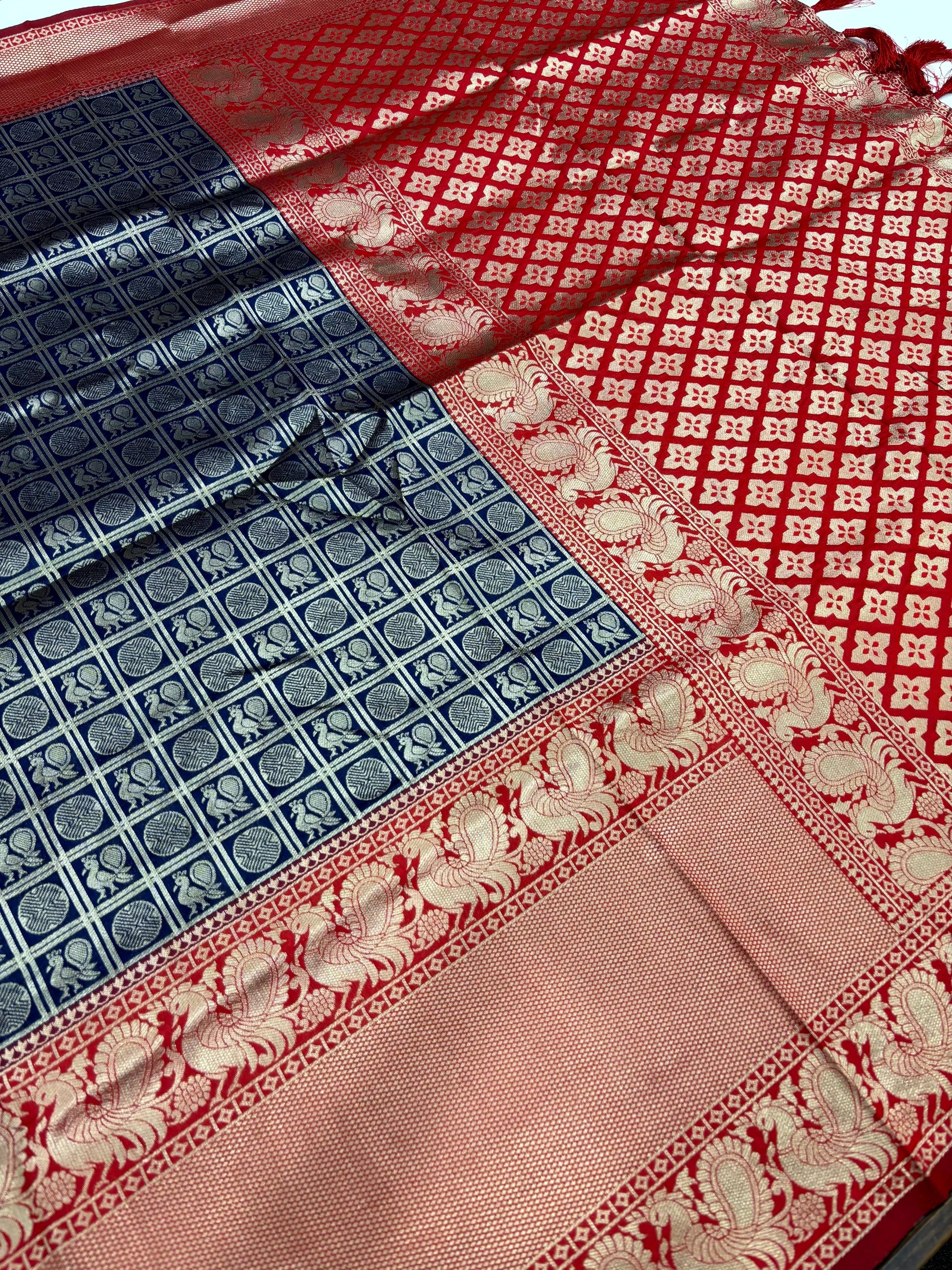 Navy Blue Silver Zari Butta Kanjivaram Silk Saree by My Store