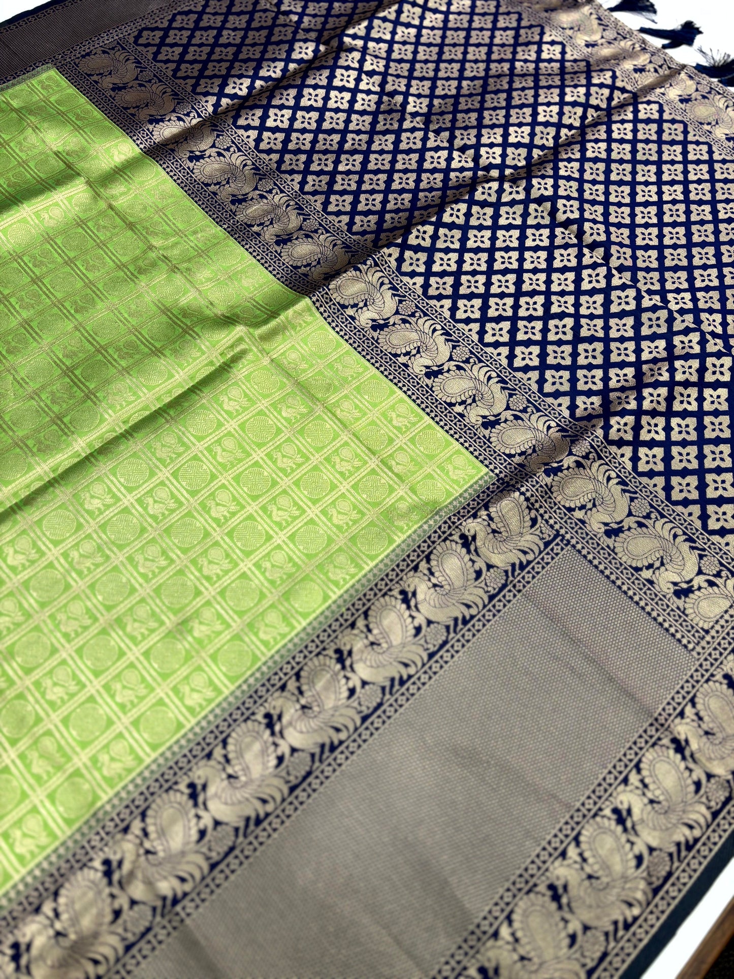 Green Silver Zari Butta Kanjivaram Silk Saree by My Store