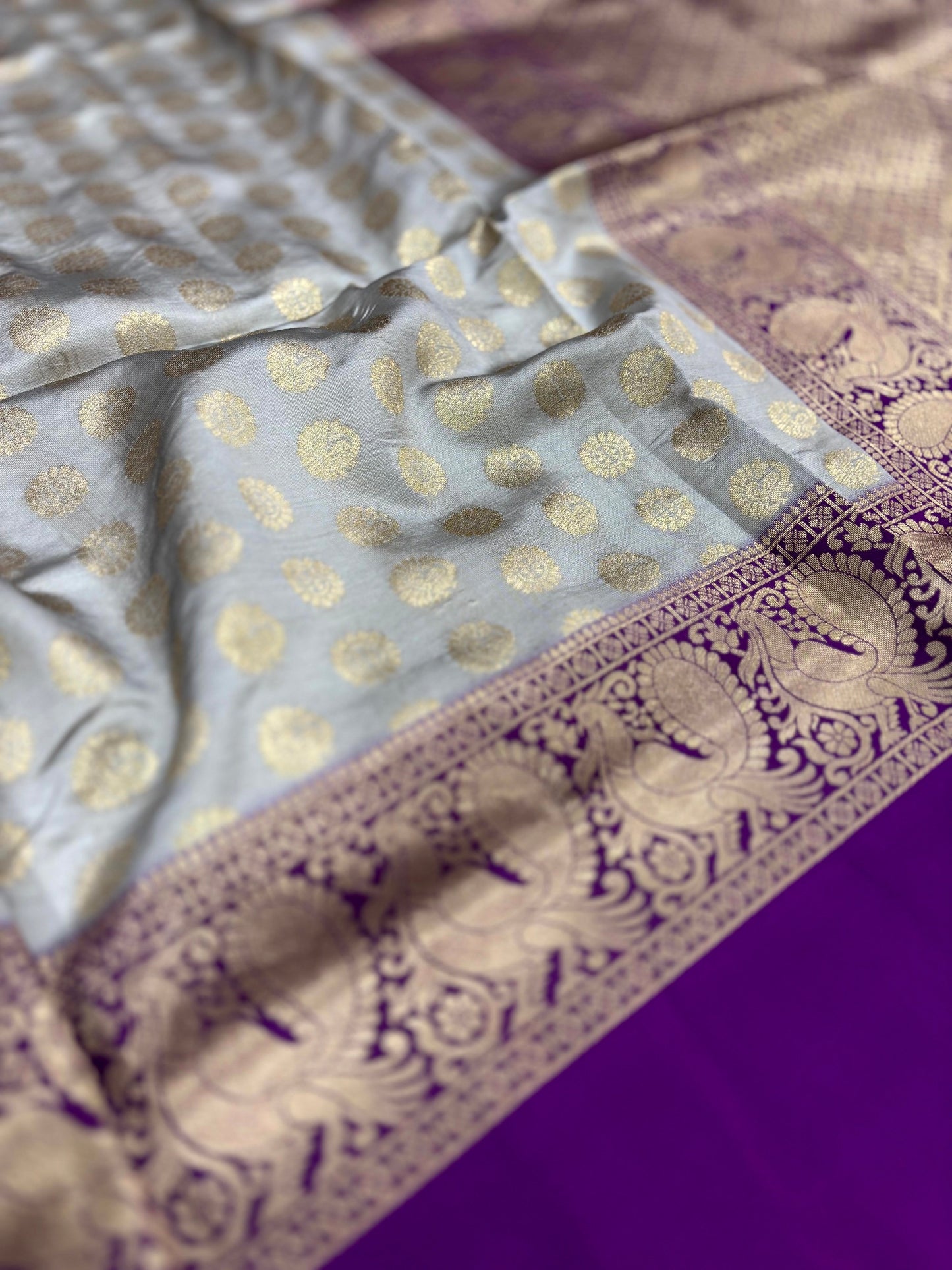 Grey Banarasi Silver Buttas Zari Weaving Saree by My Store