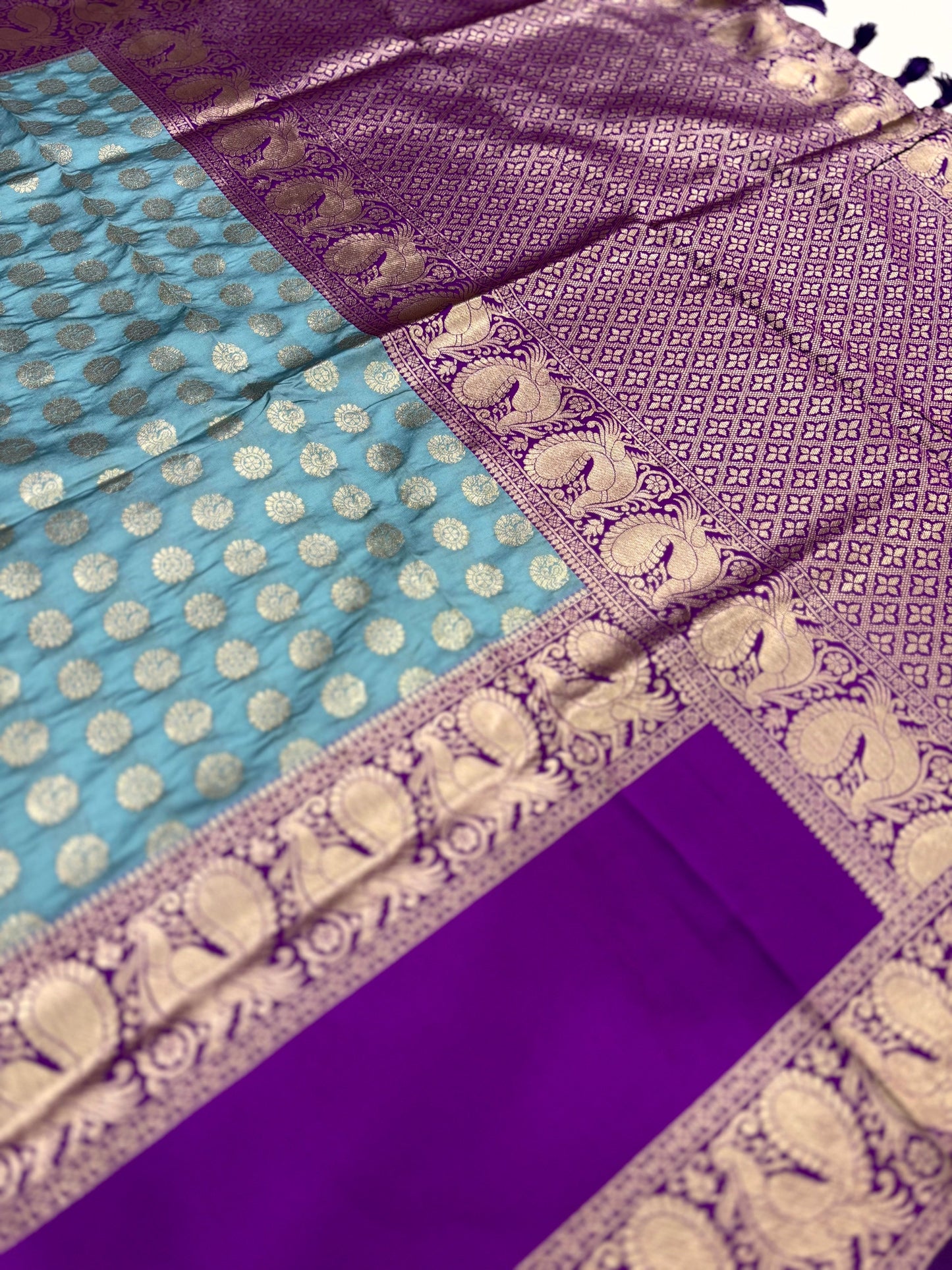 Radiant Rama Banarasi Silver Buttas Zari Weaving Saree by My Store