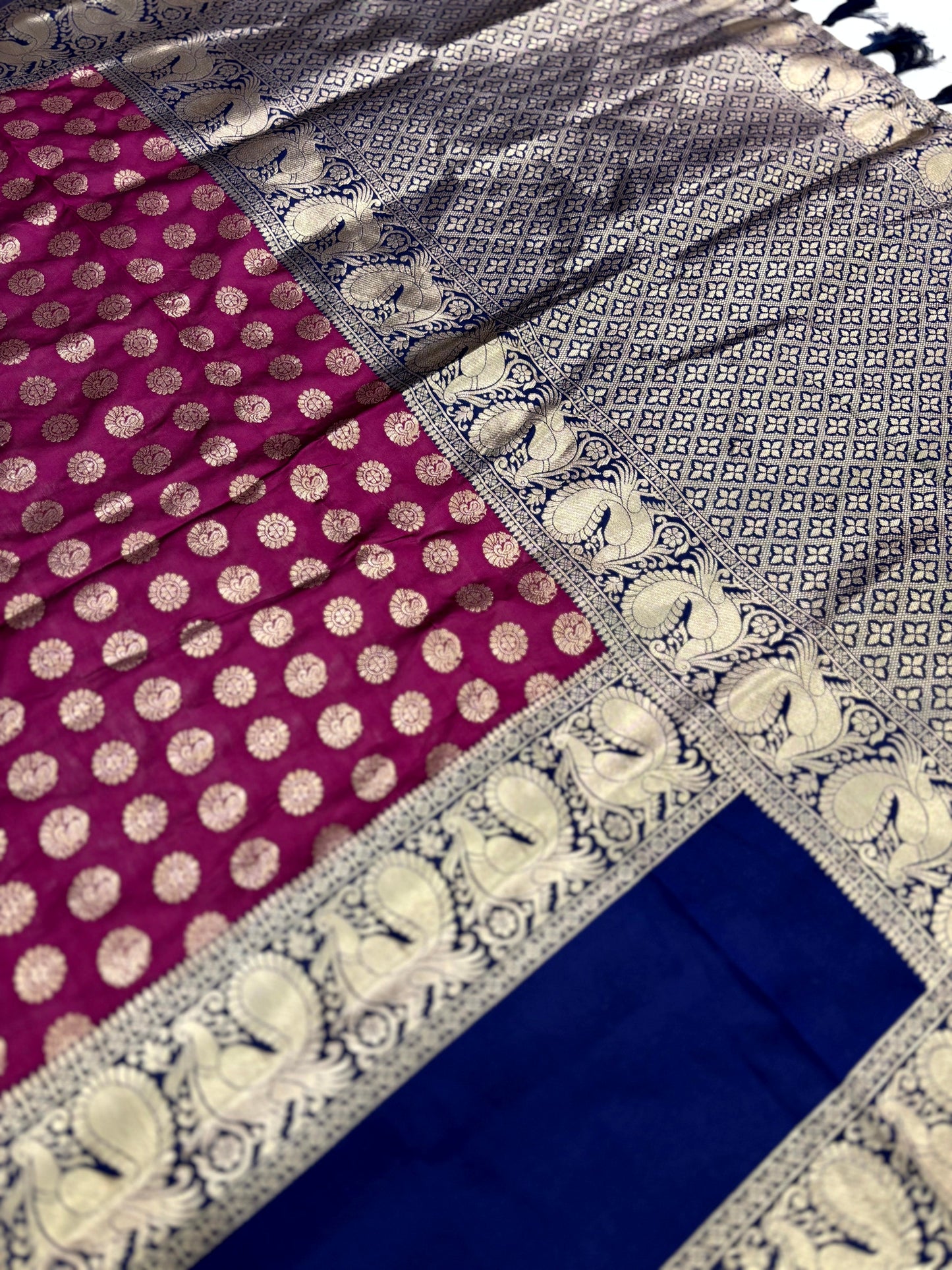 Dark Wine Banarasi Silver Buttas Zari Weaving Saree by My Store