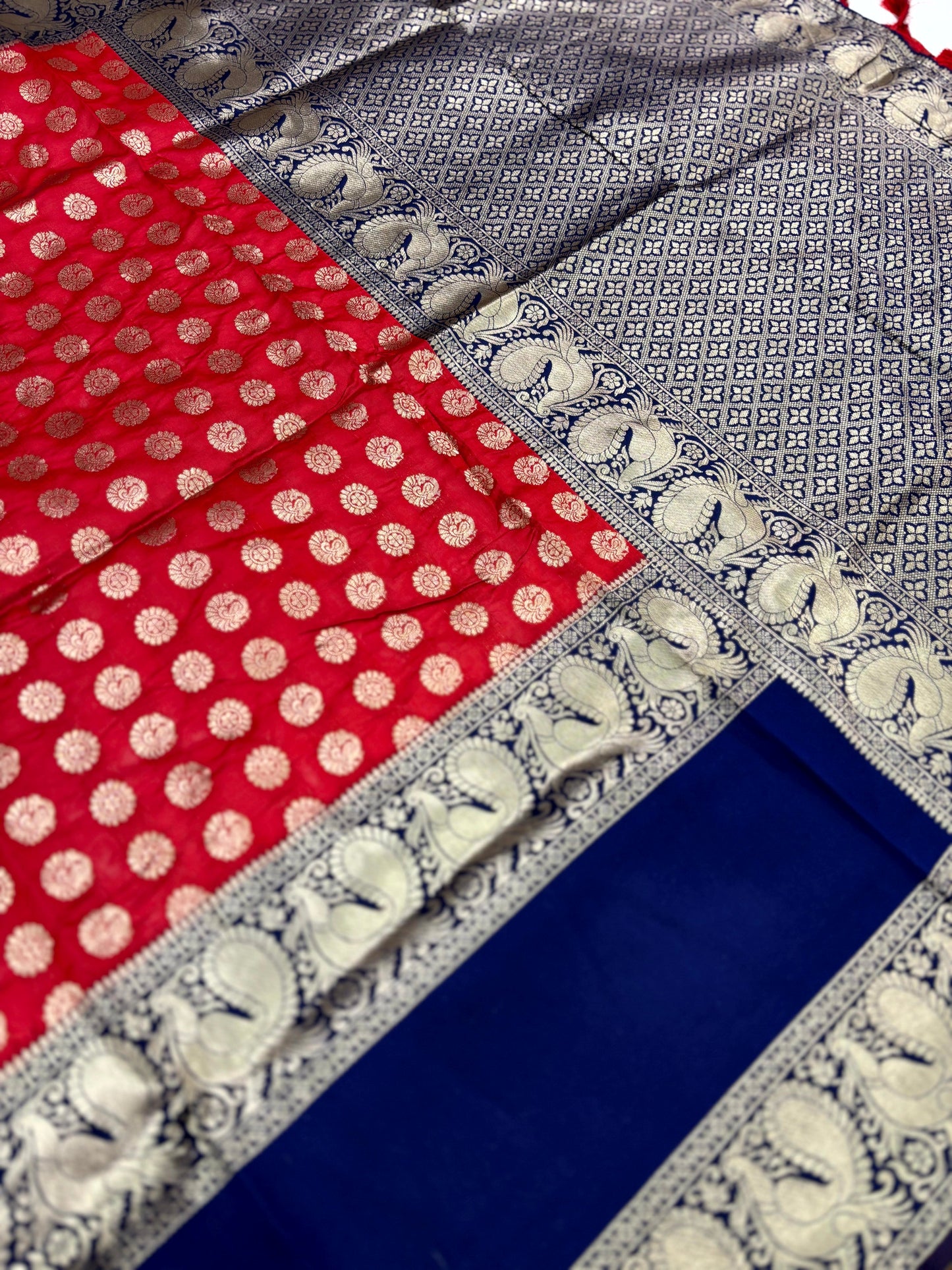 Royal Red Banarasi Silver Buttas Zari Weaving Saree by My Store