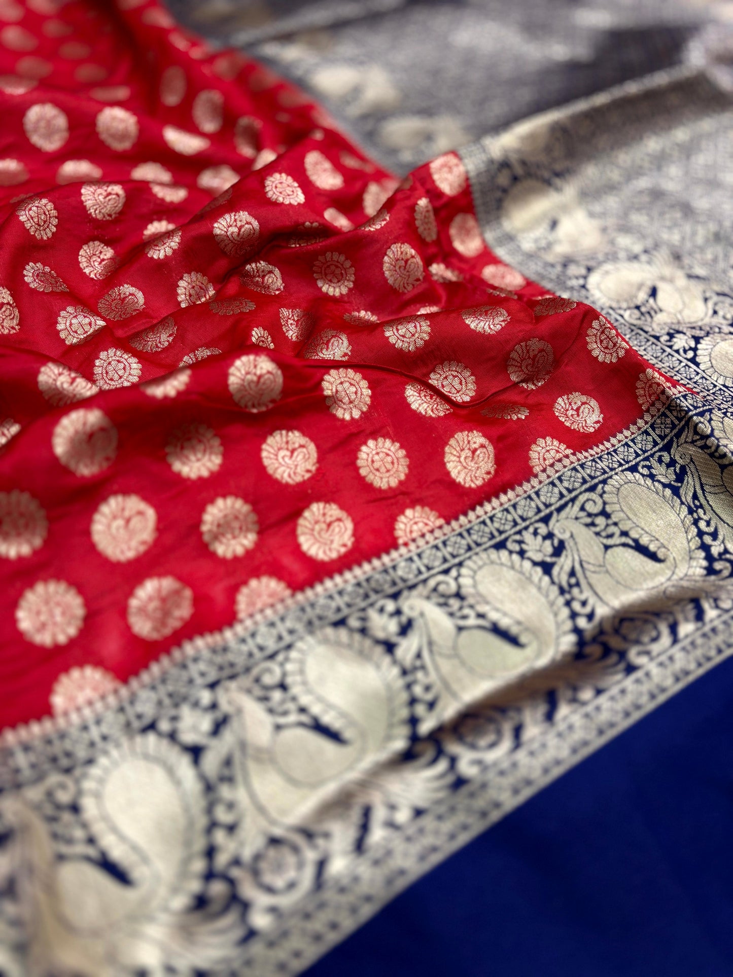Royal Red Banarasi Silver Buttas Zari Weaving Saree by My Store