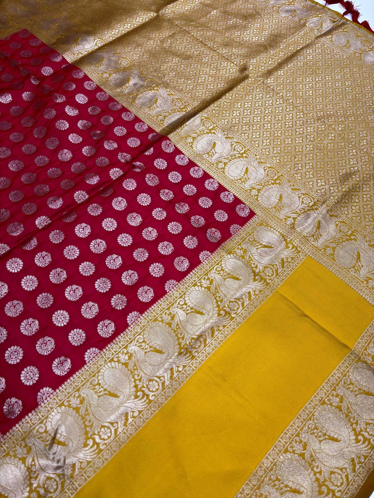 Red Banarasi Silver Buttas Zari Weaving Saree by My Store