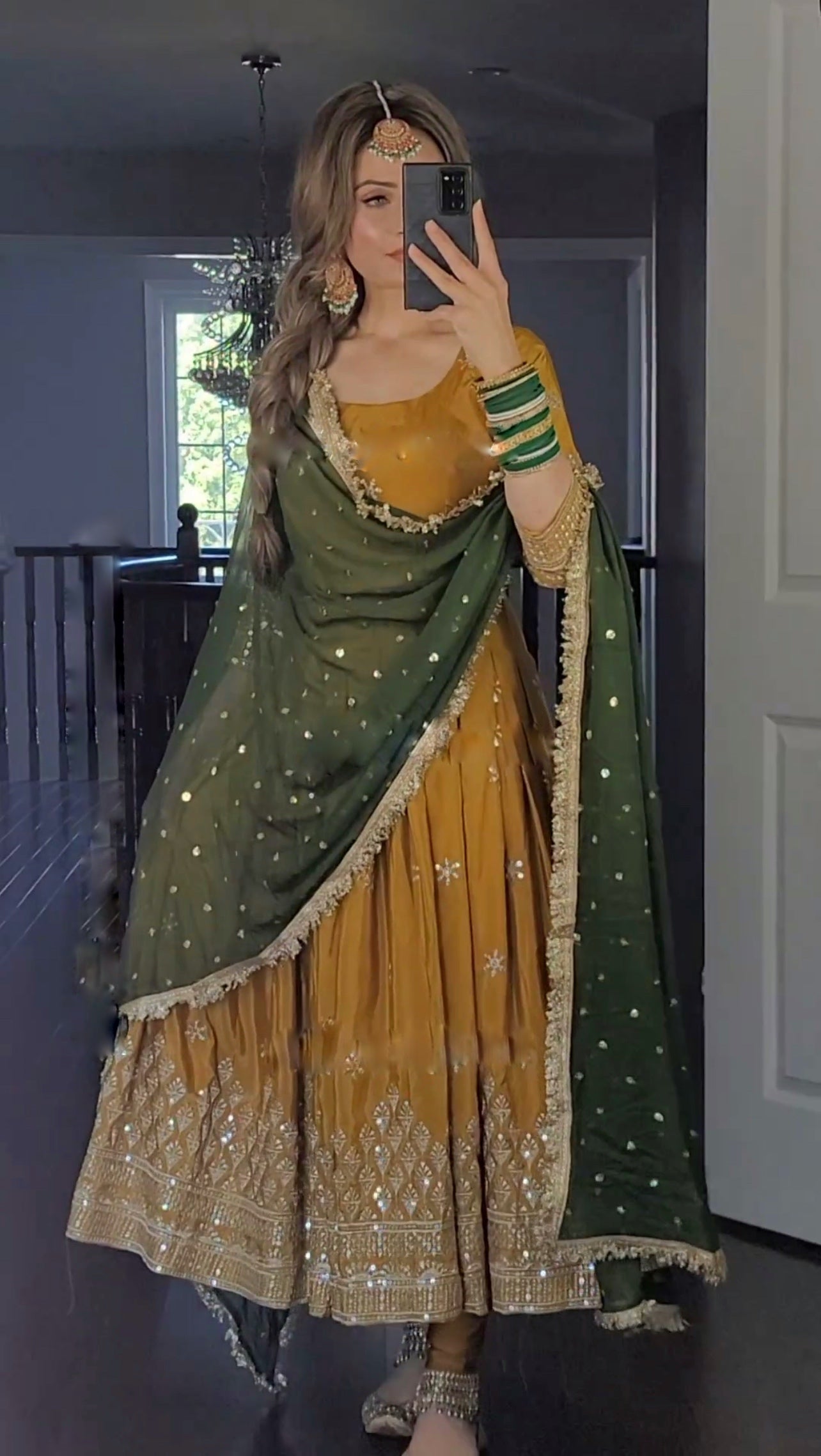 Mustered Color Anarkali Gown With Green Dupatta by My Store
