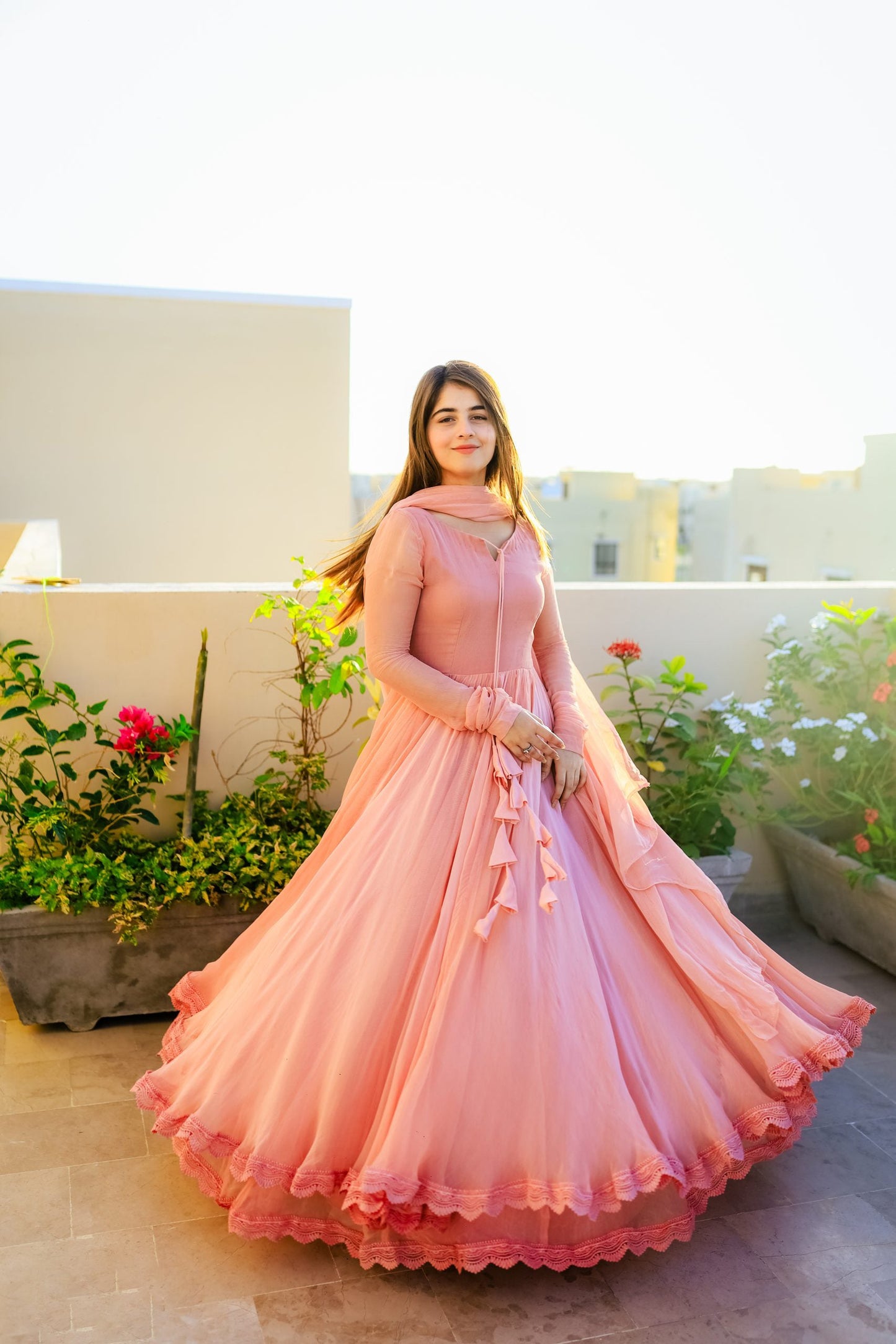 Solid Peach Long Flair Double Layered Anarkali With Dupatta by My Store