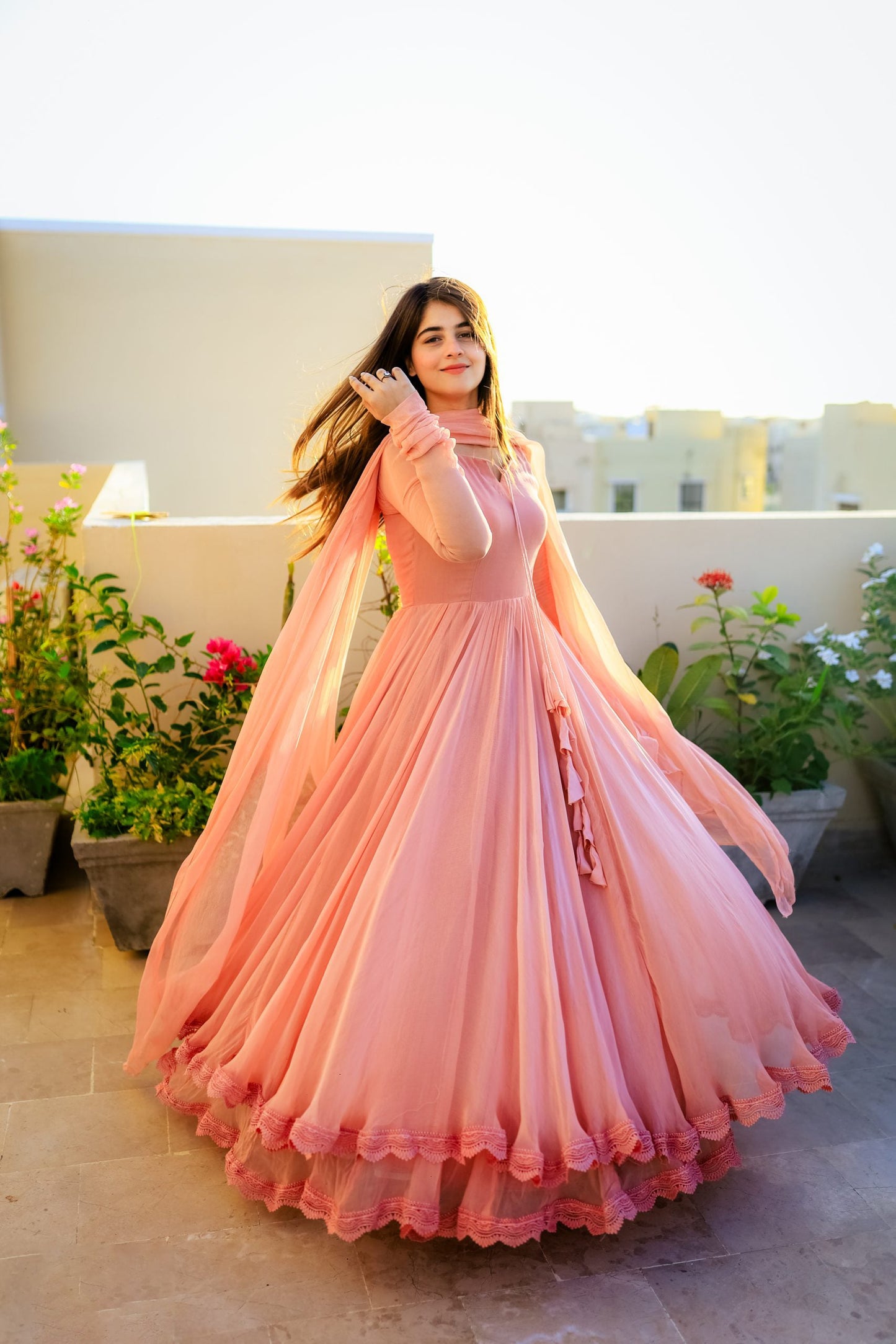 Solid Peach Long Flair Double Layered Anarkali With Dupatta by My Store