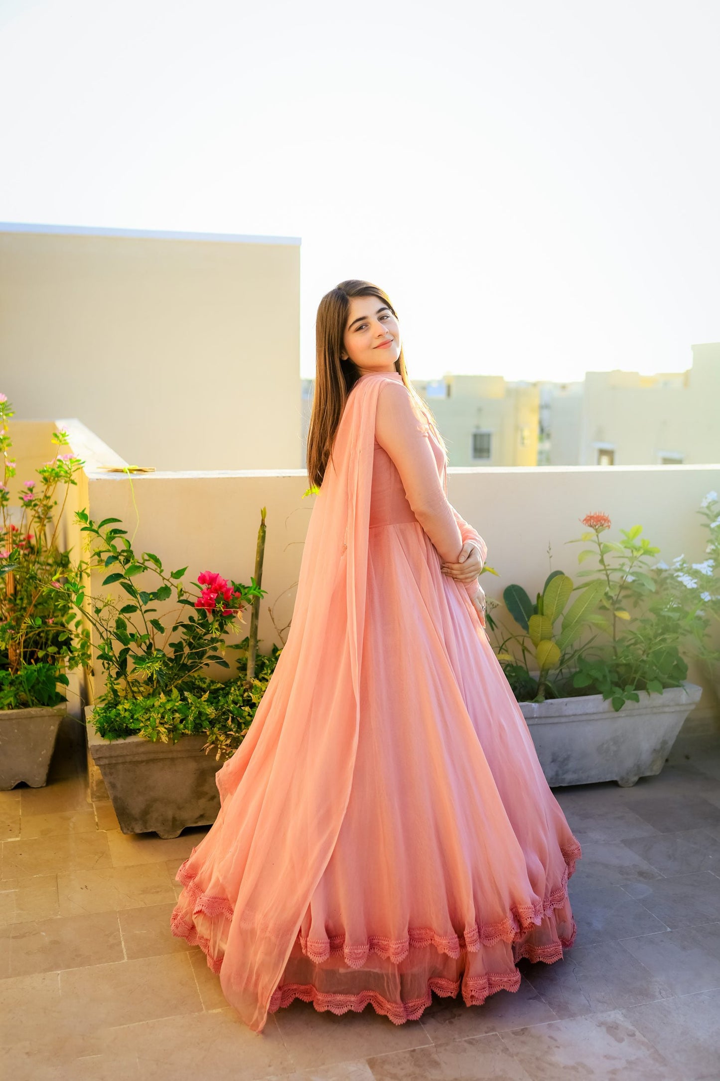 Solid Peach Long Flair Double Layered Anarkali With Dupatta by My Store