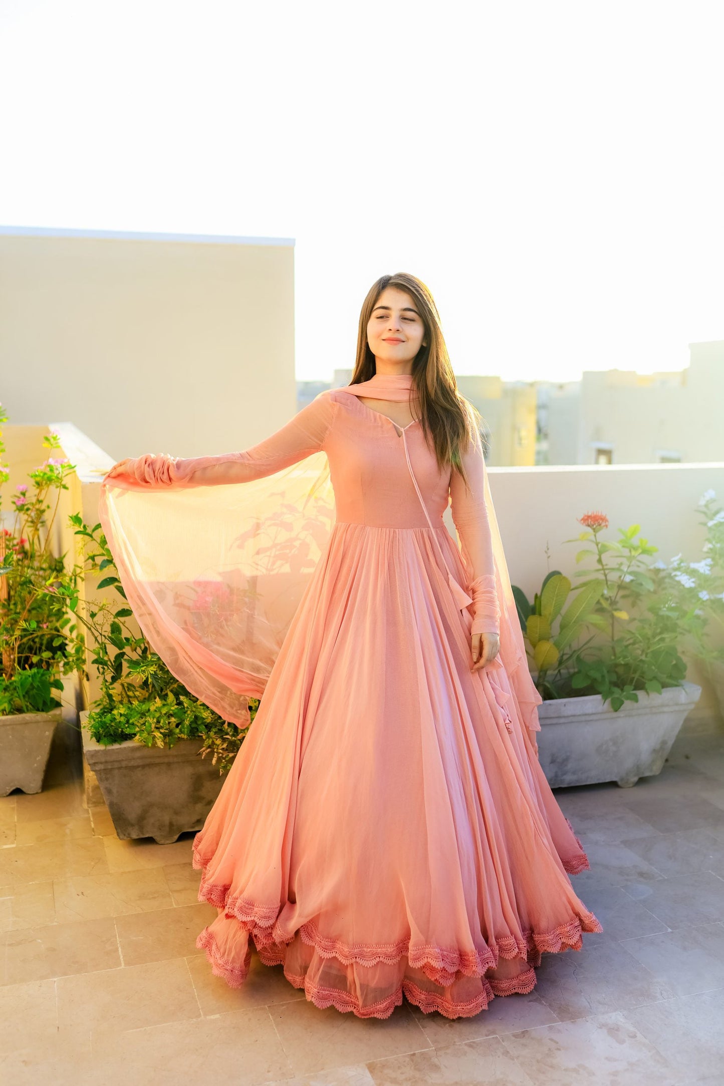 Solid Peach Long Flair Double Layered Anarkali With Dupatta by My Store