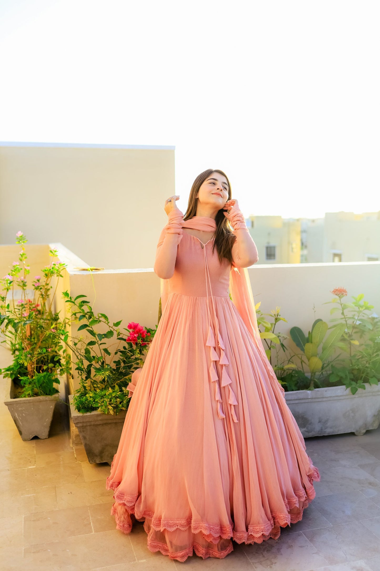 Solid Peach Long Flair Double Layered Anarkali With Dupatta by My Store