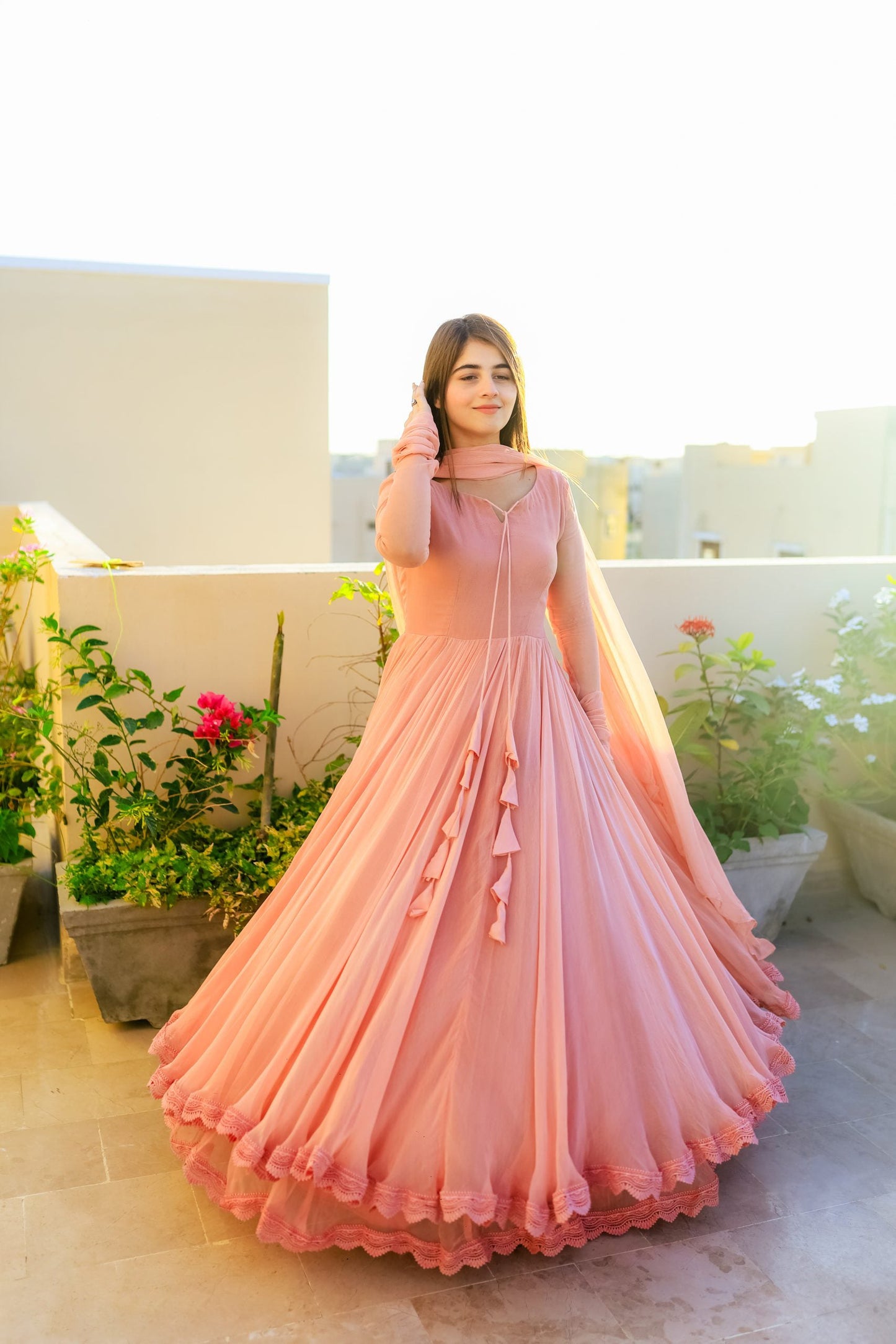 Solid Peach Long Flair Double Layered Anarkali With Dupatta by My Store