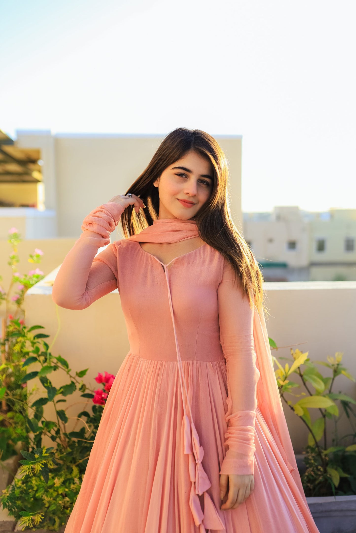 Solid Peach Long Flair Double Layered Anarkali With Dupatta by My Store