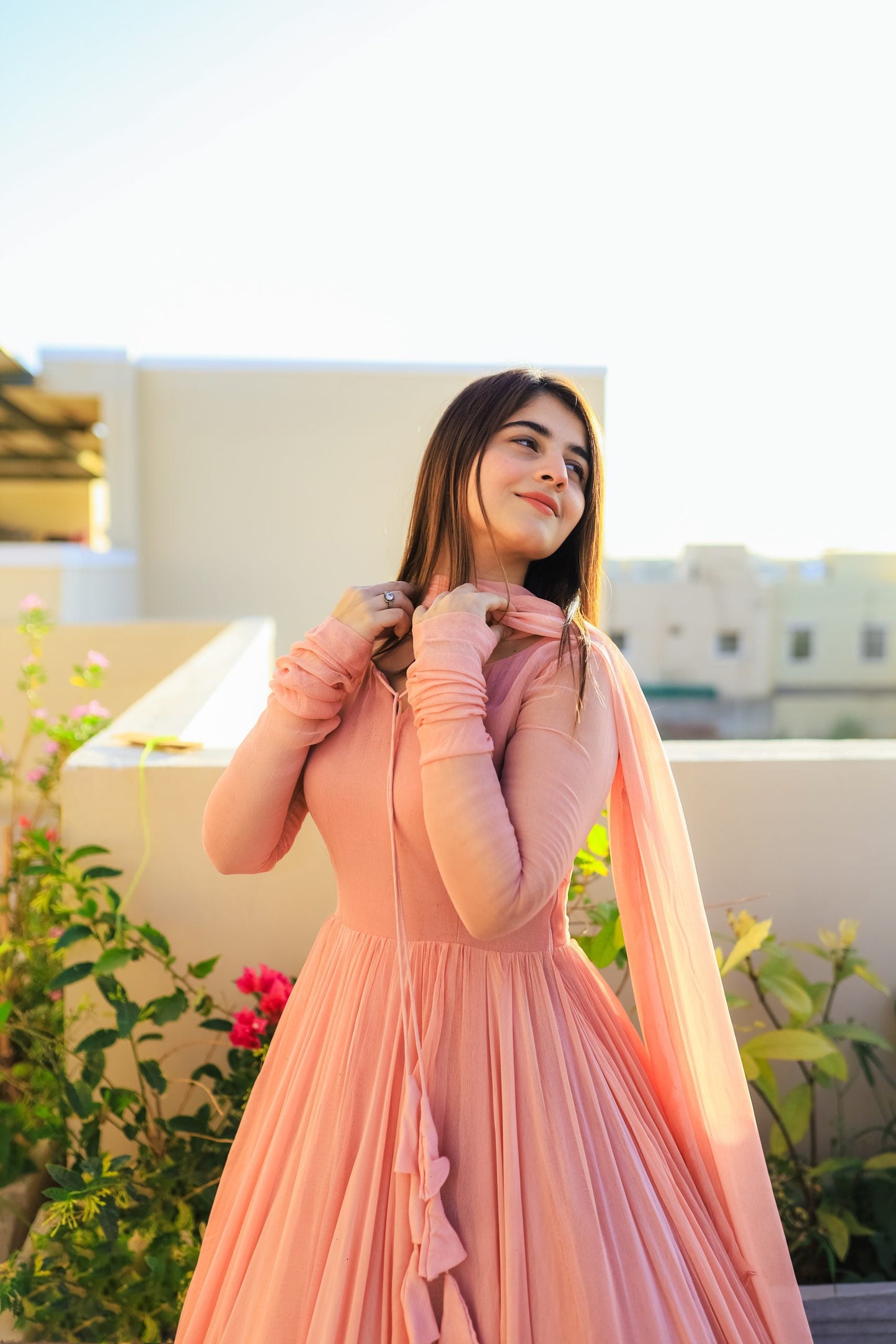Solid Peach Long Flair Double Layered Anarkali With Dupatta by My Store