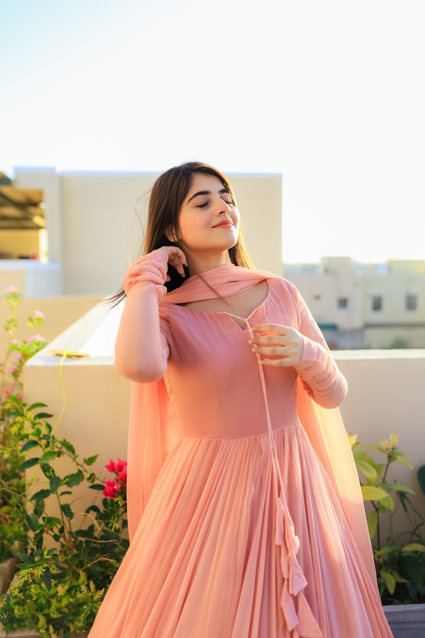 Solid Peach Long Flair Double Layered Anarkali With Dupatta by My Store