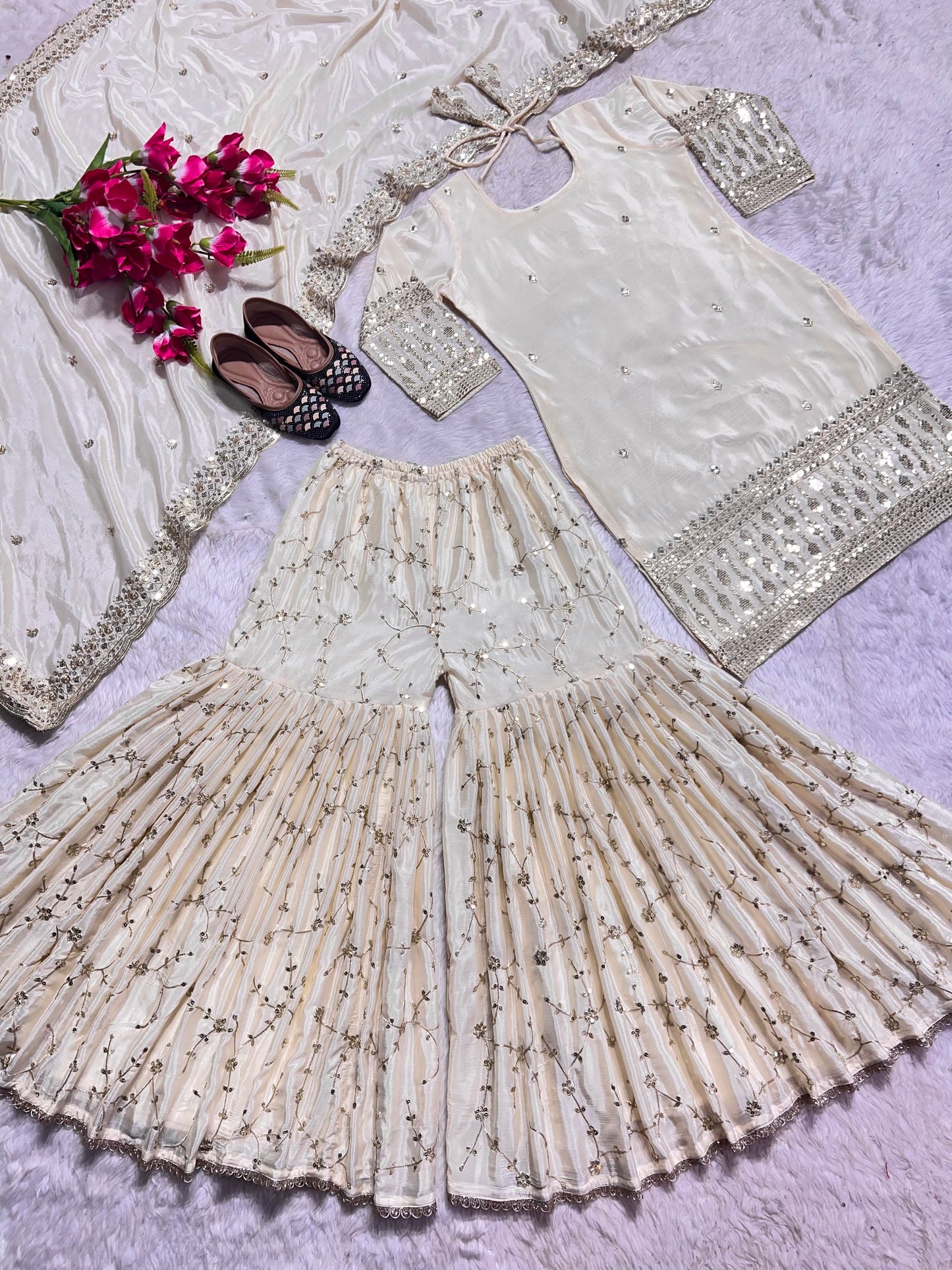 Delightful White Color Georgette Embroidery Work Sharara Suit by My Store