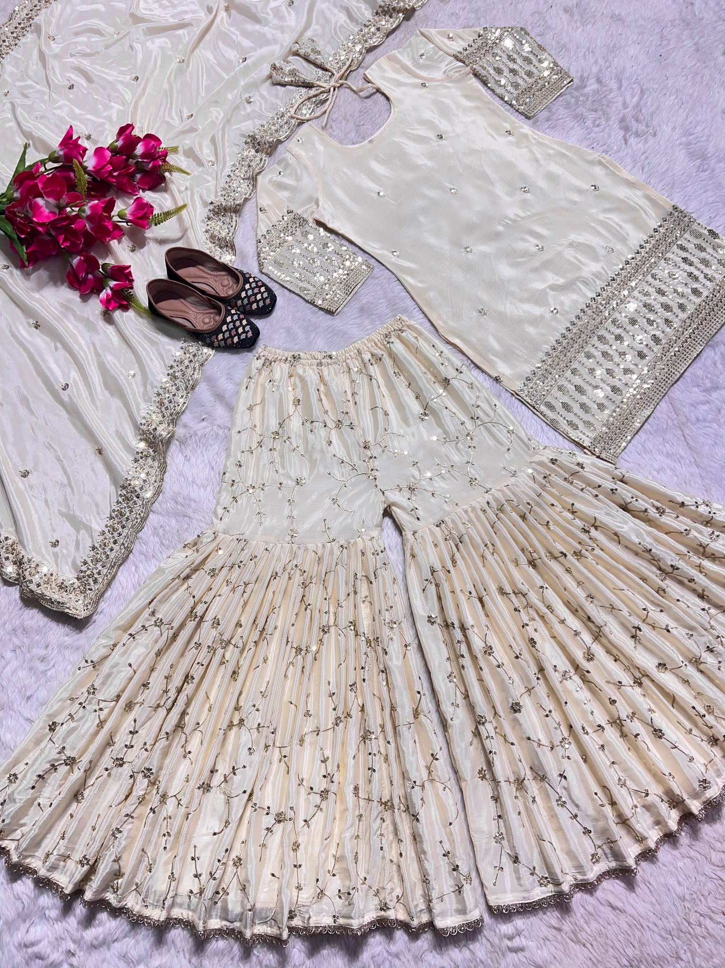 Delightful White Color Georgette Embroidery Work Sharara Suit by My Store