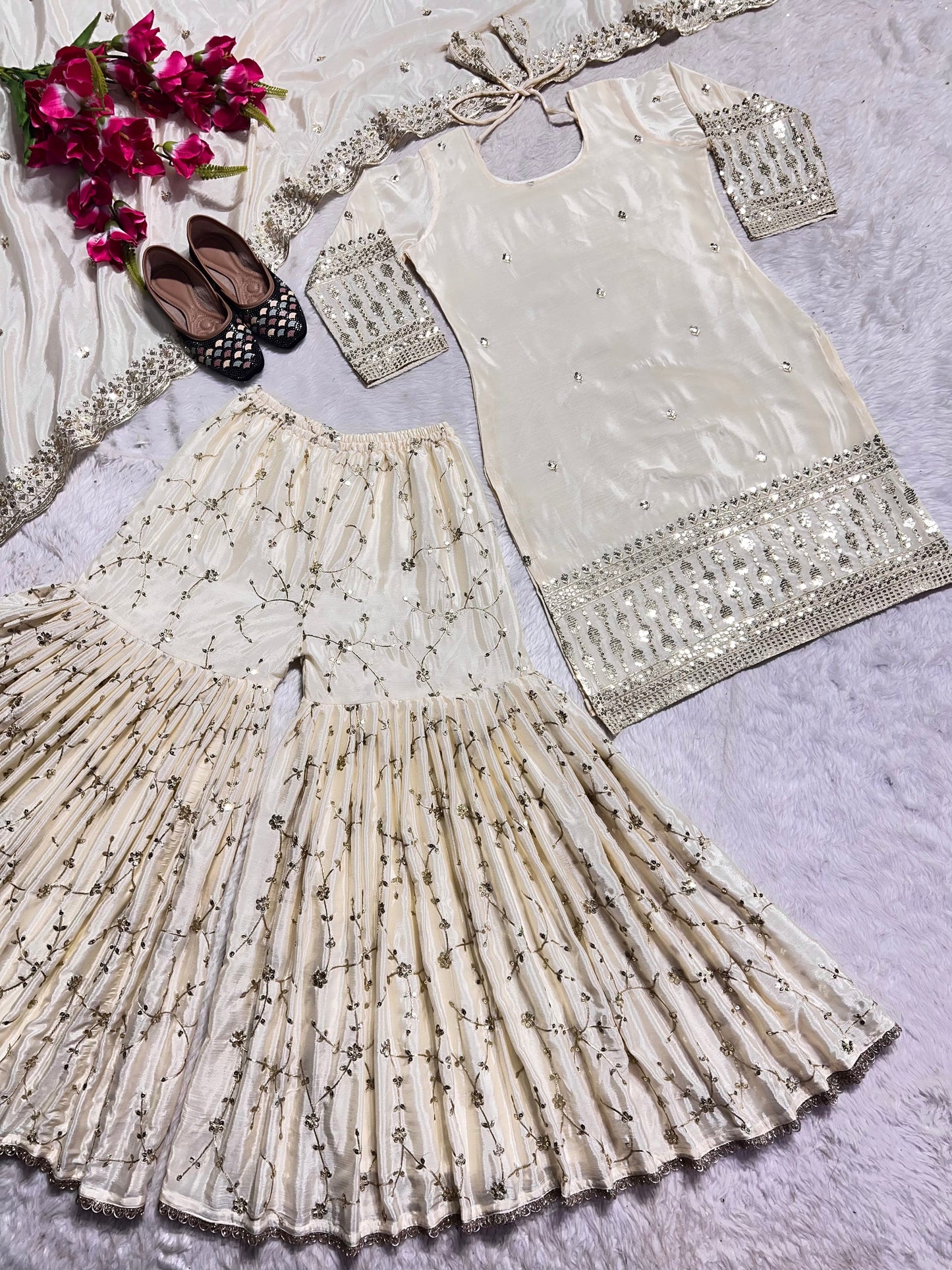 Delightful White Color Georgette Embroidery Work Sharara Suit by My Store