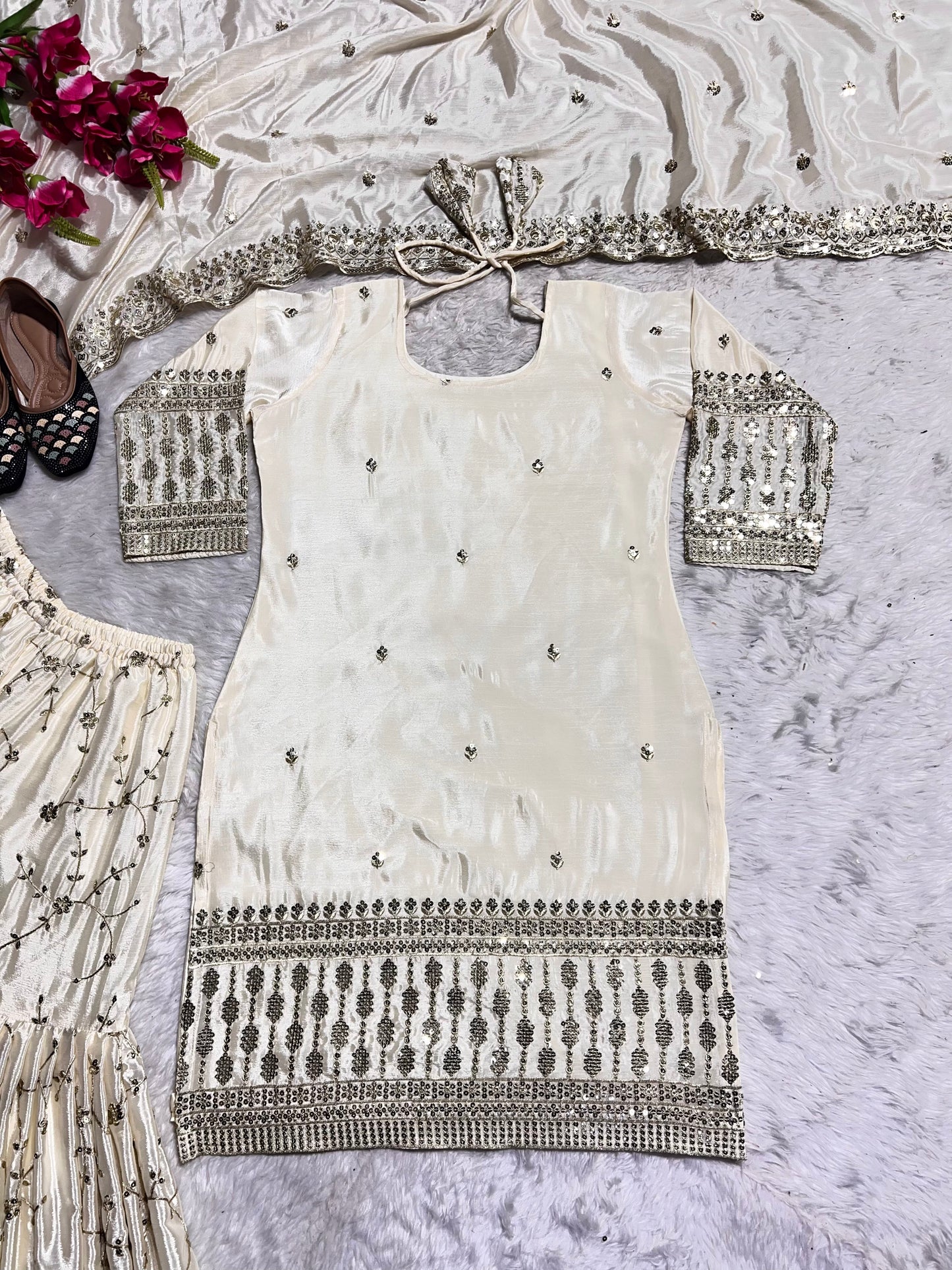 Delightful White Color Georgette Embroidery Work Sharara Suit by My Store