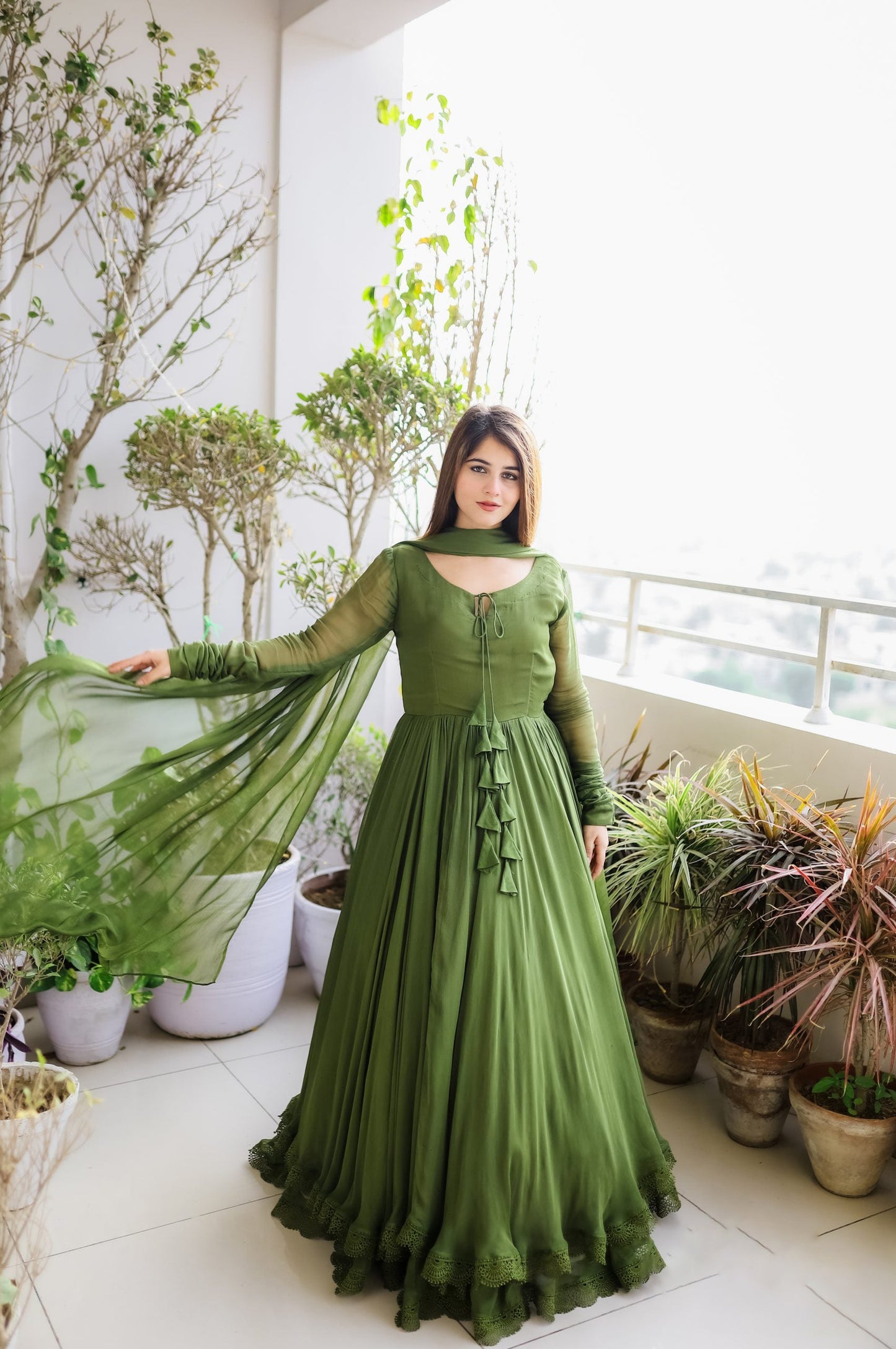 Good Looking Lace Border Mehndi Gown With Plain Dupatta by My Store