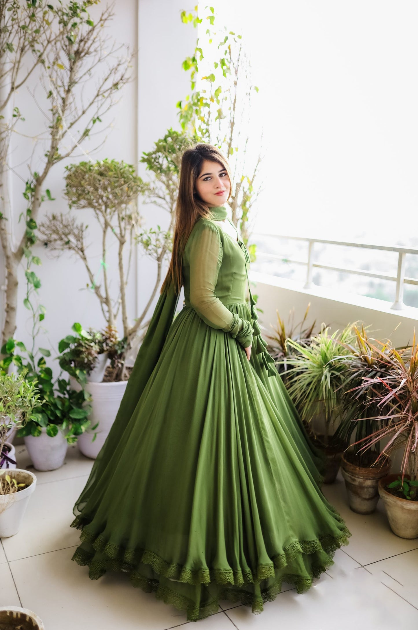 Good Looking Lace Border Mehndi Gown With Plain Dupatta by My Store