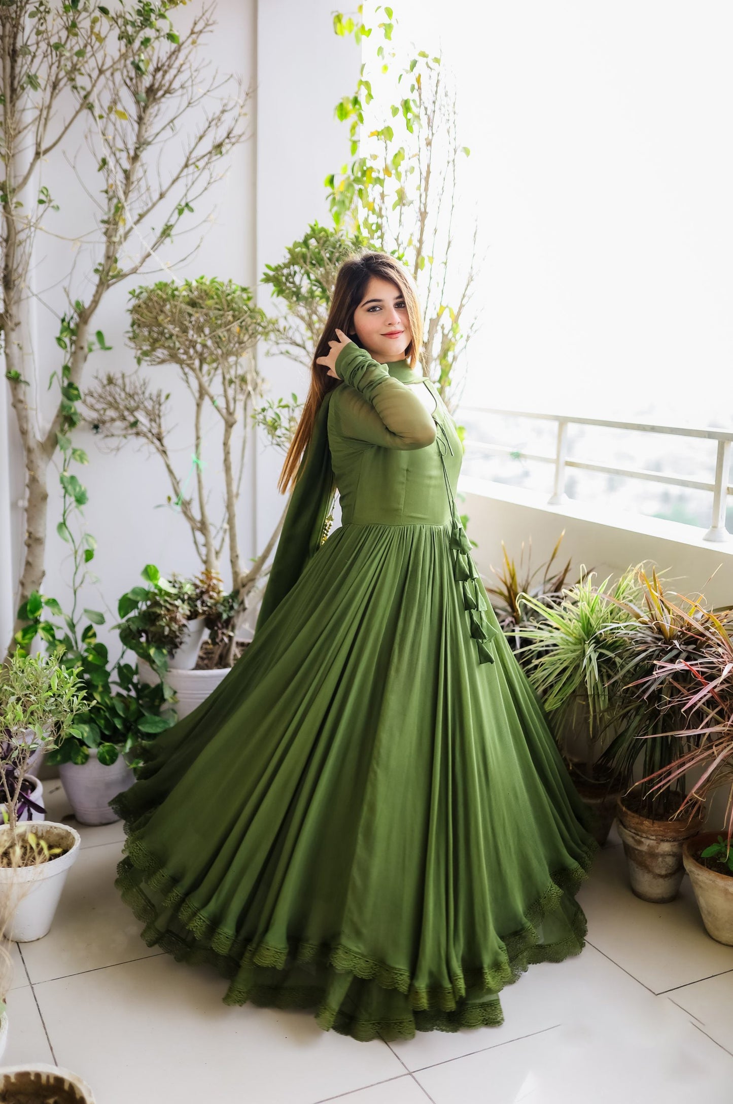 Good Looking Lace Border Mehndi Gown With Plain Dupatta by My Store
