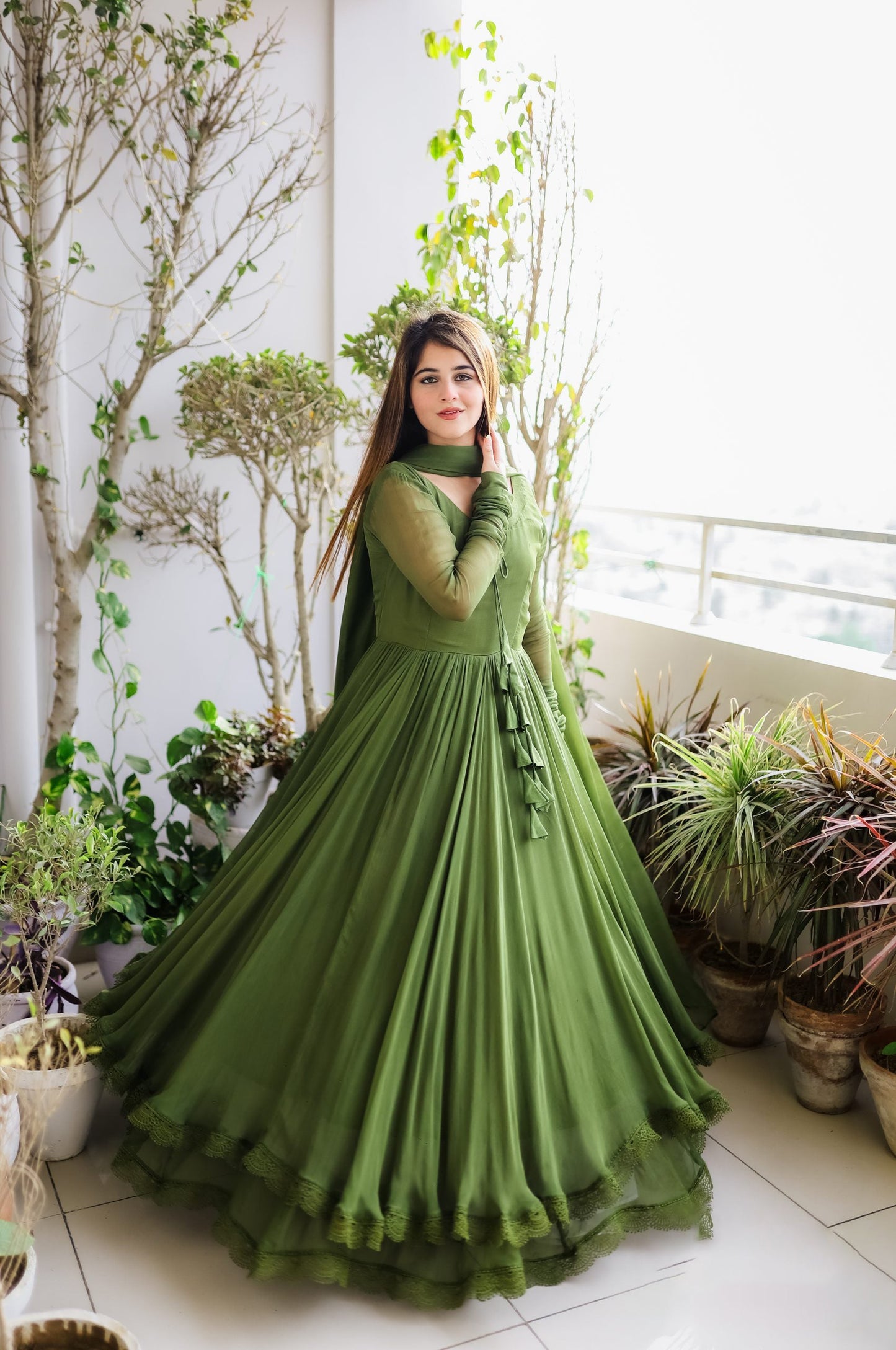 Good Looking Lace Border Mehndi Gown With Plain Dupatta by My Store