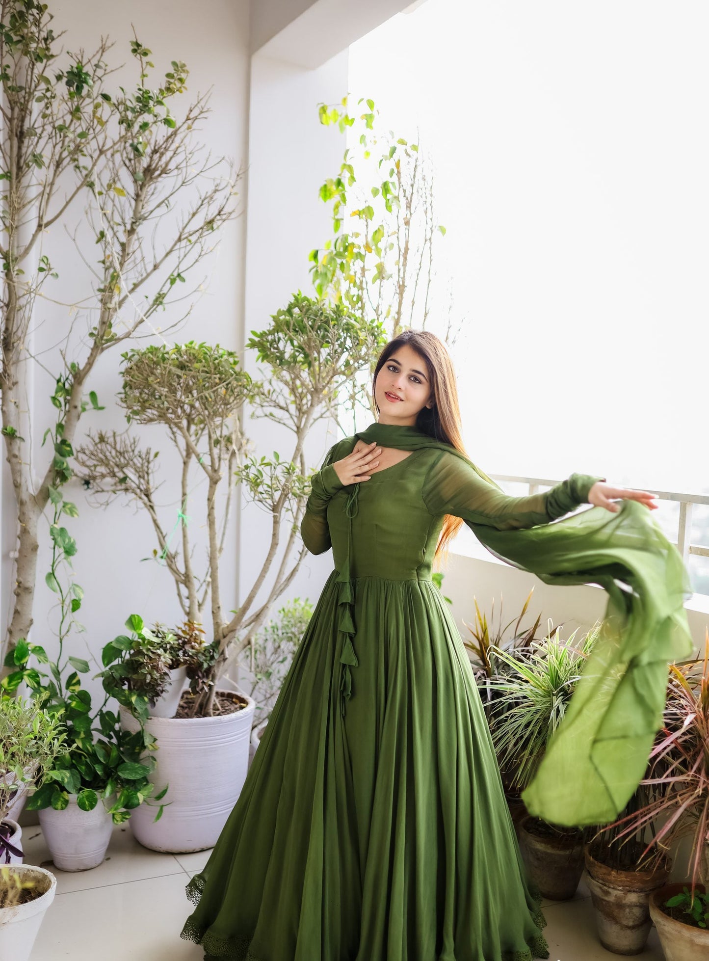 Good Looking Lace Border Mehndi Gown With Plain Dupatta by My Store