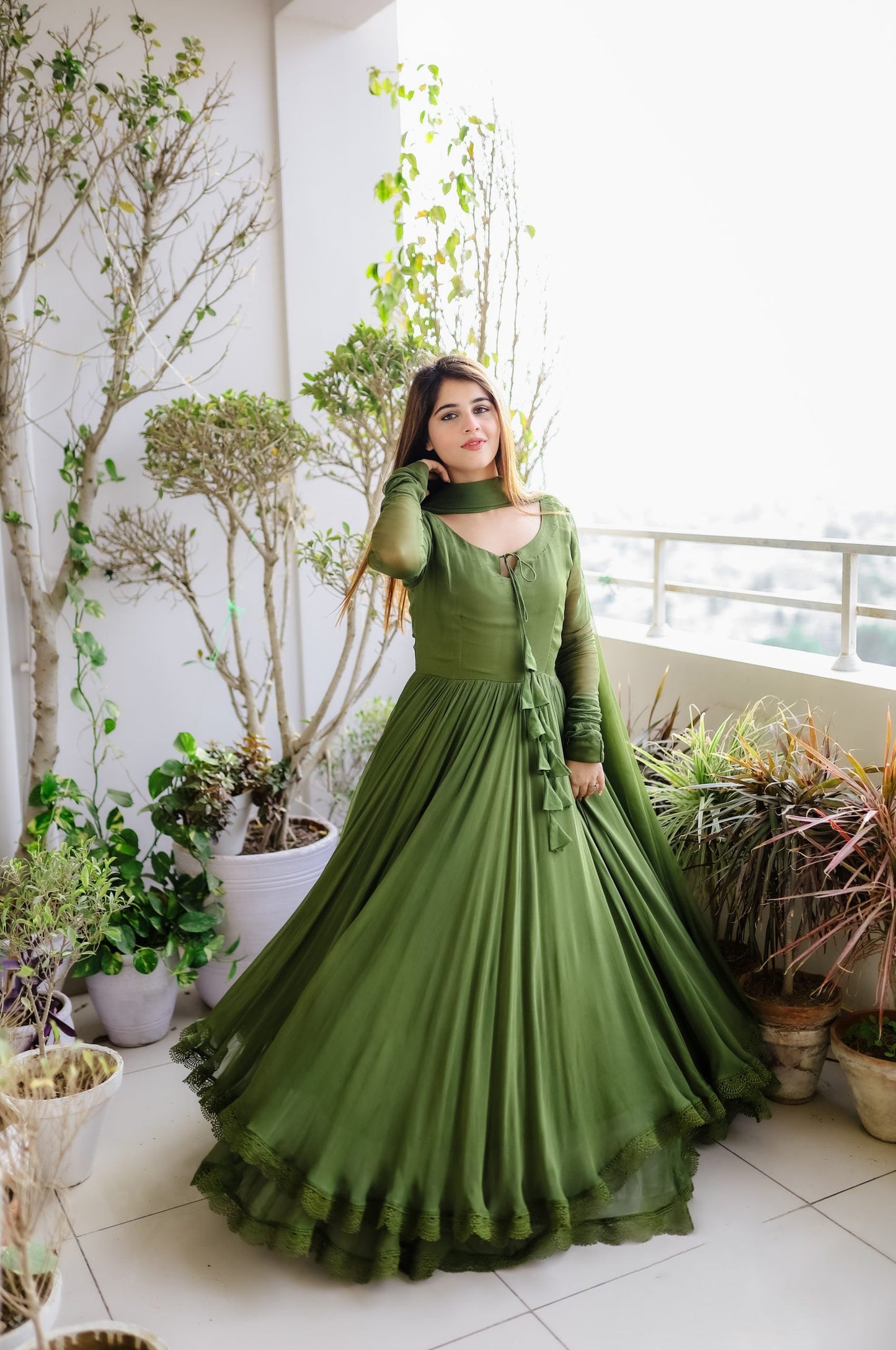 Good Looking Lace Border Mehndi Gown With Plain Dupatta by My Store