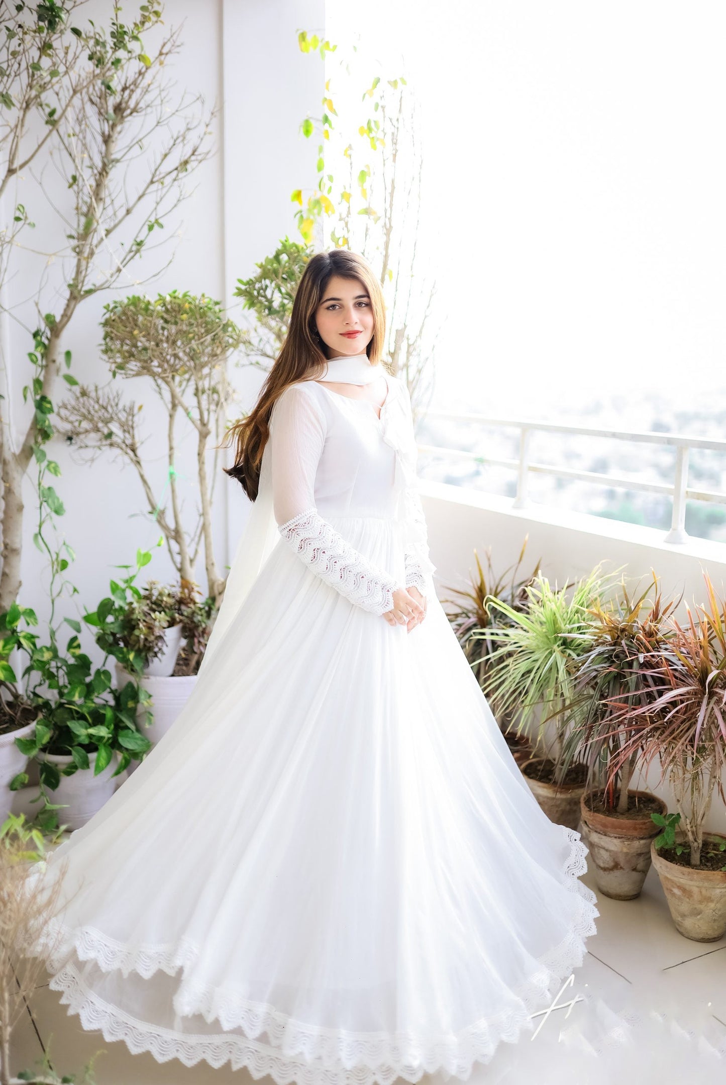 White Long Flair Double Layered Anarkali With Dupatta by My Store