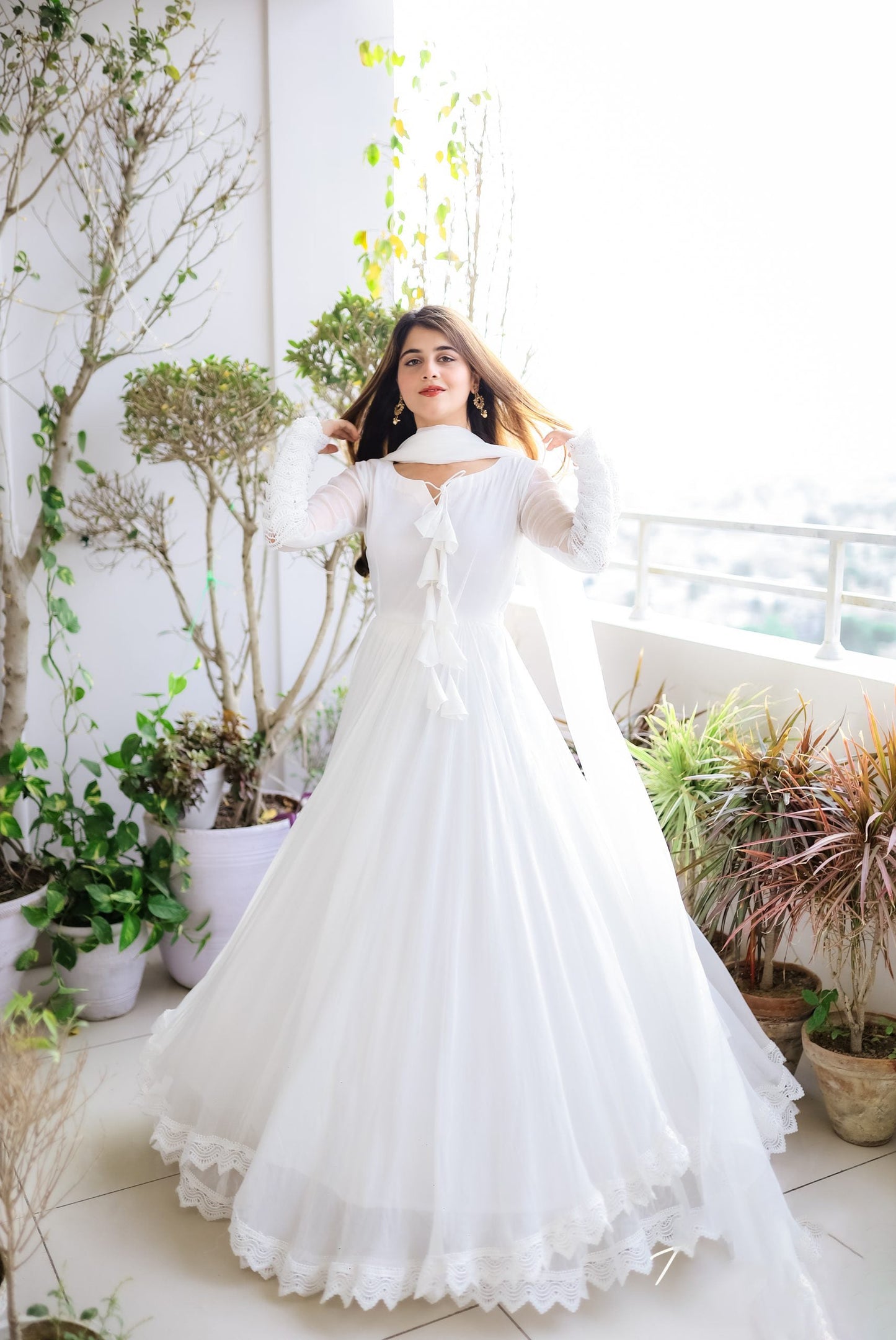 White Long Flair Double Layered Anarkali With Dupatta by My Store