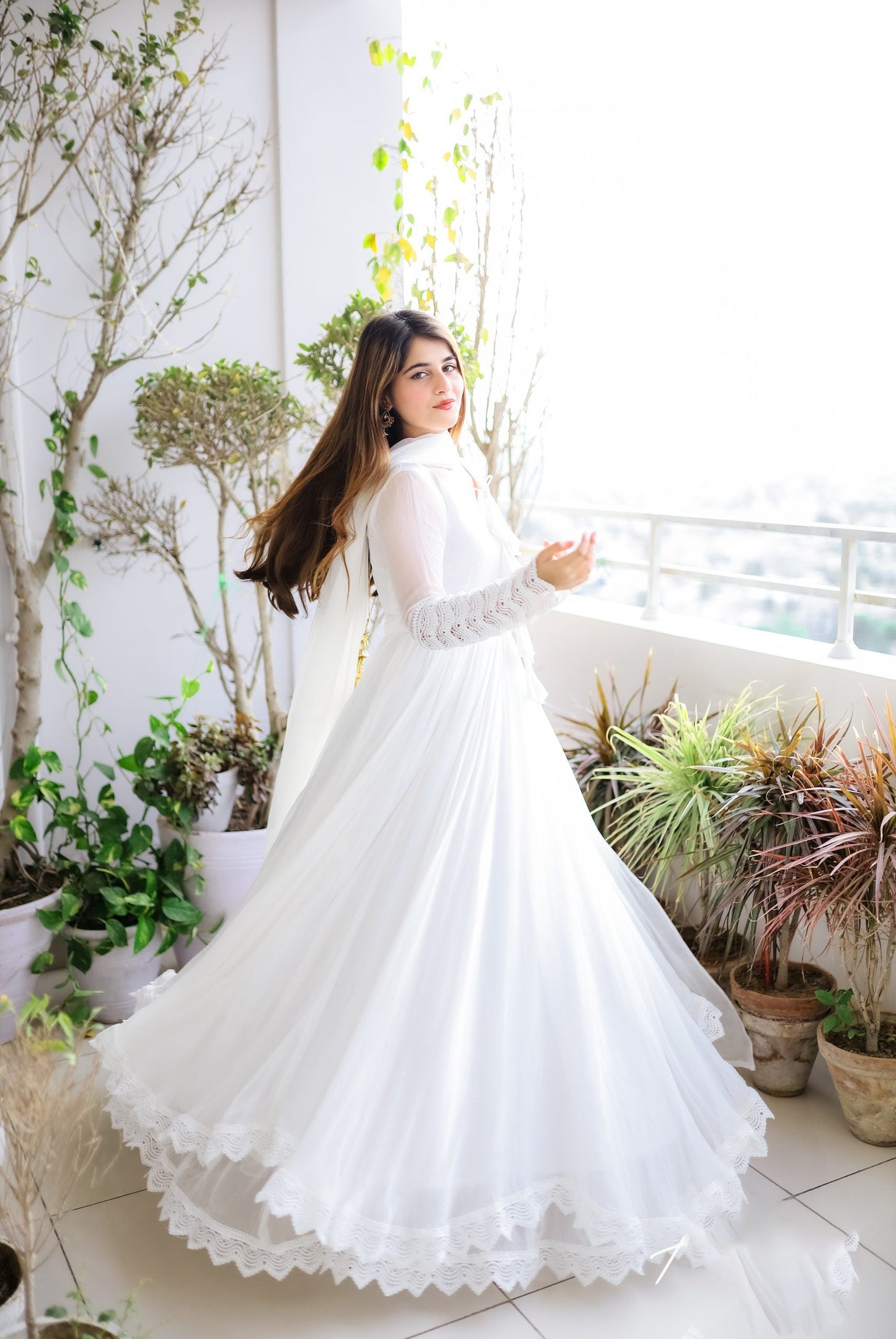 White Long Flair Double Layered Anarkali With Dupatta by My Store