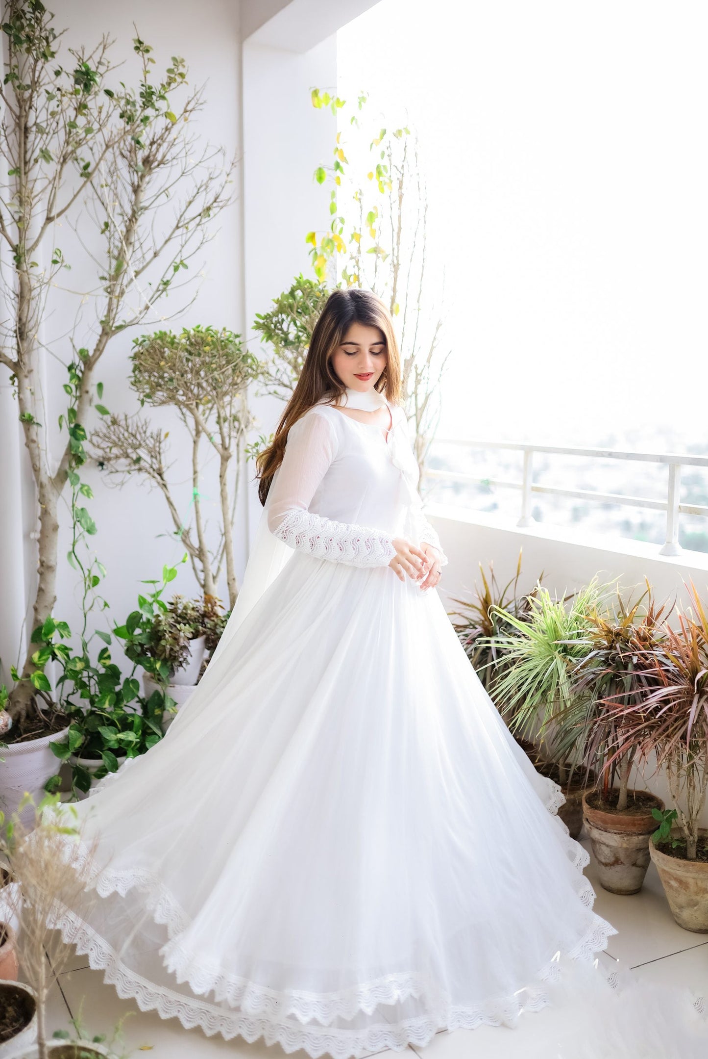 White Long Flair Double Layered Anarkali With Dupatta by My Store