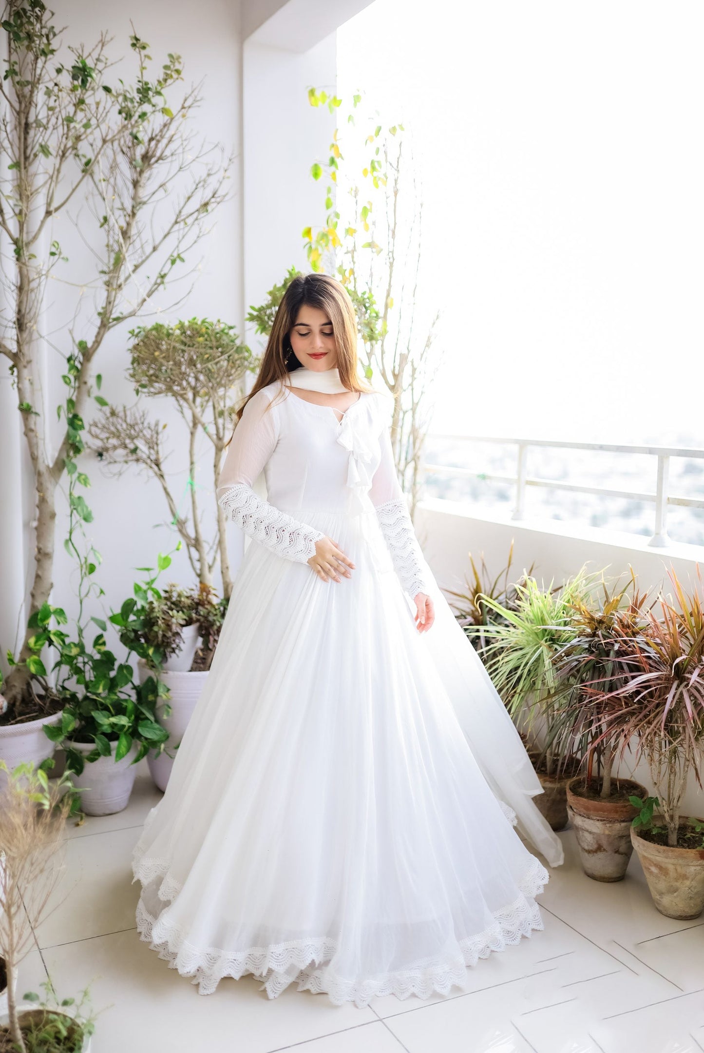 White Long Flair Double Layered Anarkali With Dupatta by My Store