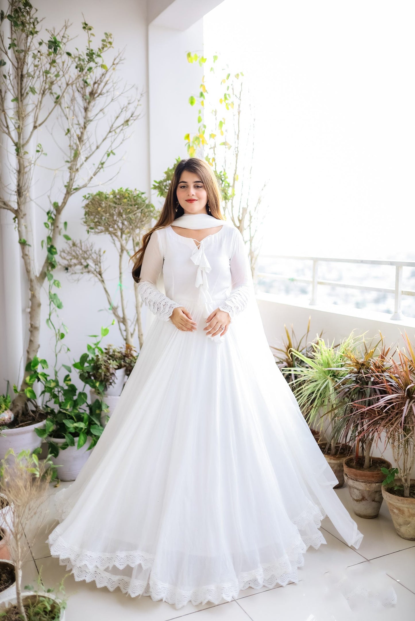 White Long Flair Double Layered Anarkali With Dupatta by My Store